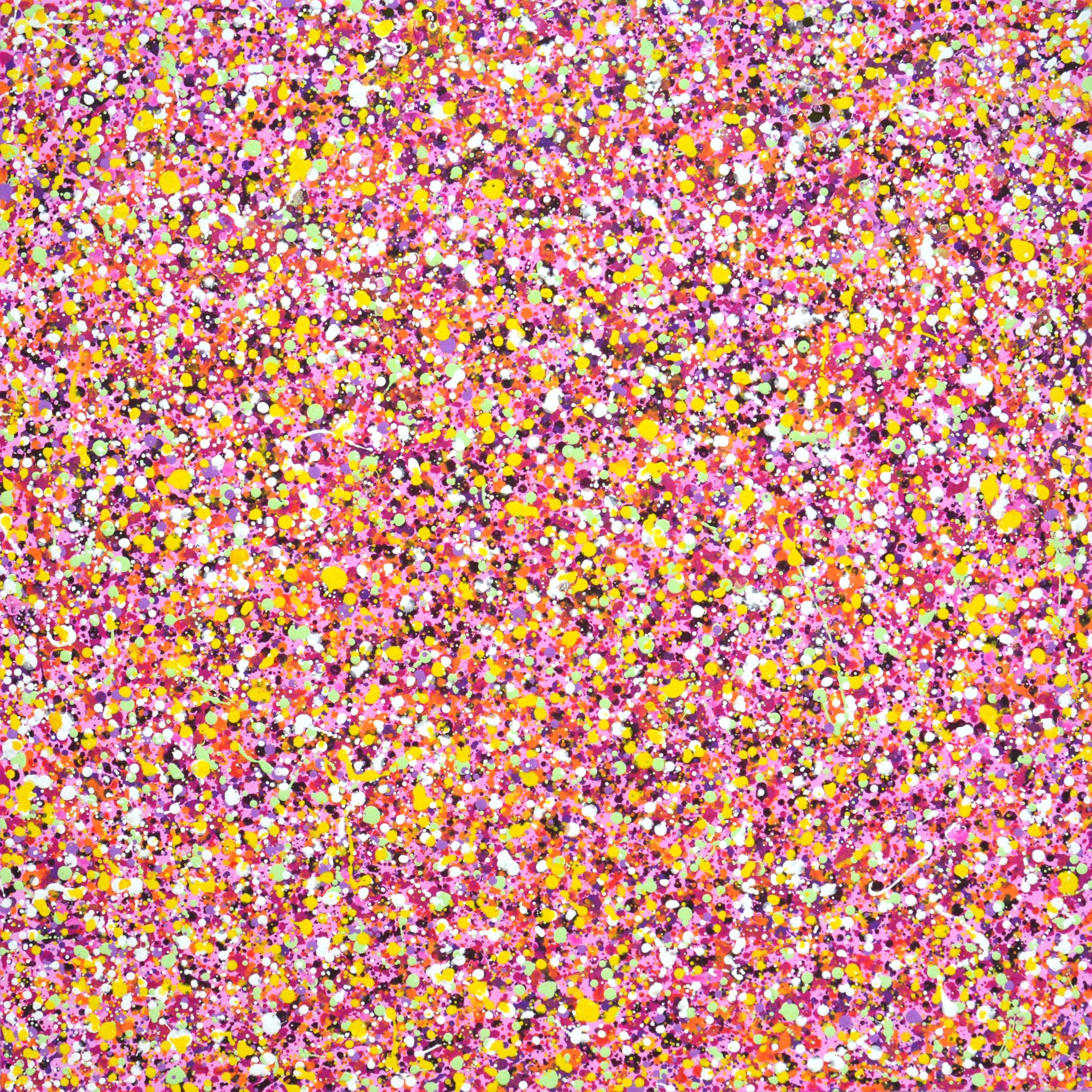 Confetti 3. A modern abstract painting created with dripping and splashing paint that sparkles and shimmers! Many colored drops, yellow, dark pink, pink, white on a pink background.  The picture is of good spatial quality, filled with positive