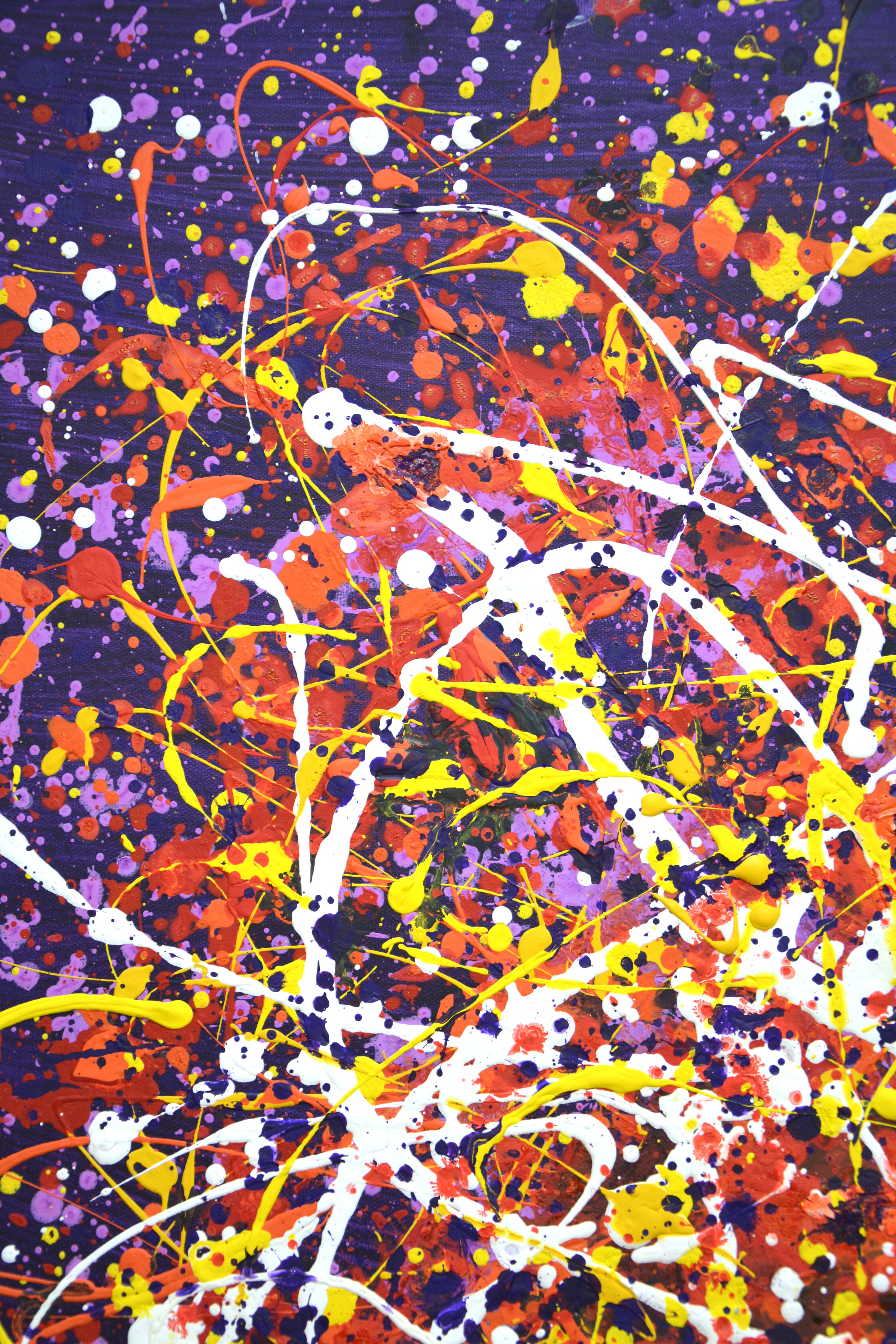 Cosmic energy. A modern, abstract, expressive, dynamic painting can become an accent in your interior. The work was created using the technique of dripping and splashing paint onto canvas. On a purple background splattered red, yellow, white drops,