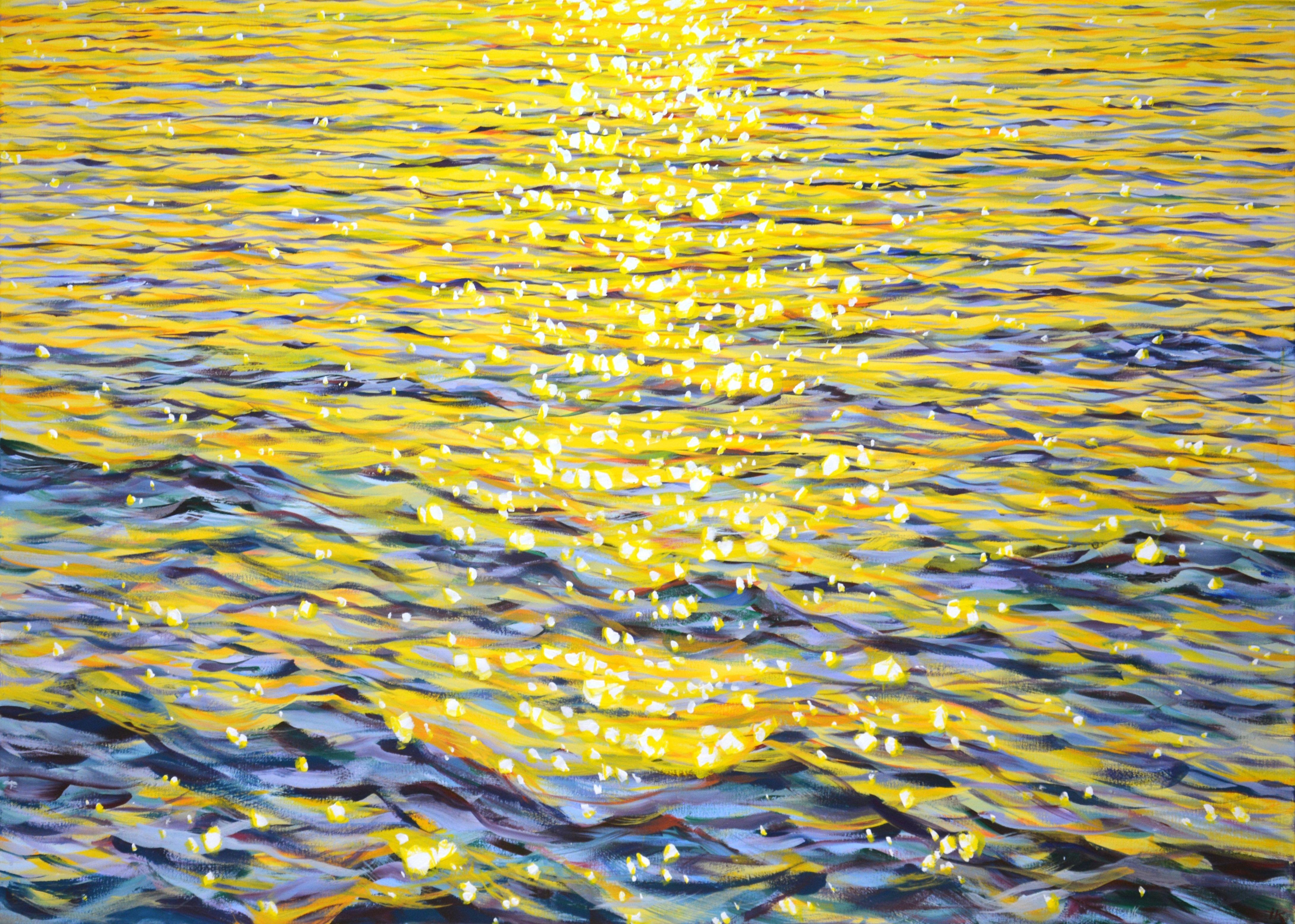 Dance of glare at sunset. Warm water, waves, serene views, ocean shine, glare of the evening sun on the water create an atmosphere of relaxation and romance. Made in the style of realism, in a calm palette with warm water and golden highlights. Part
