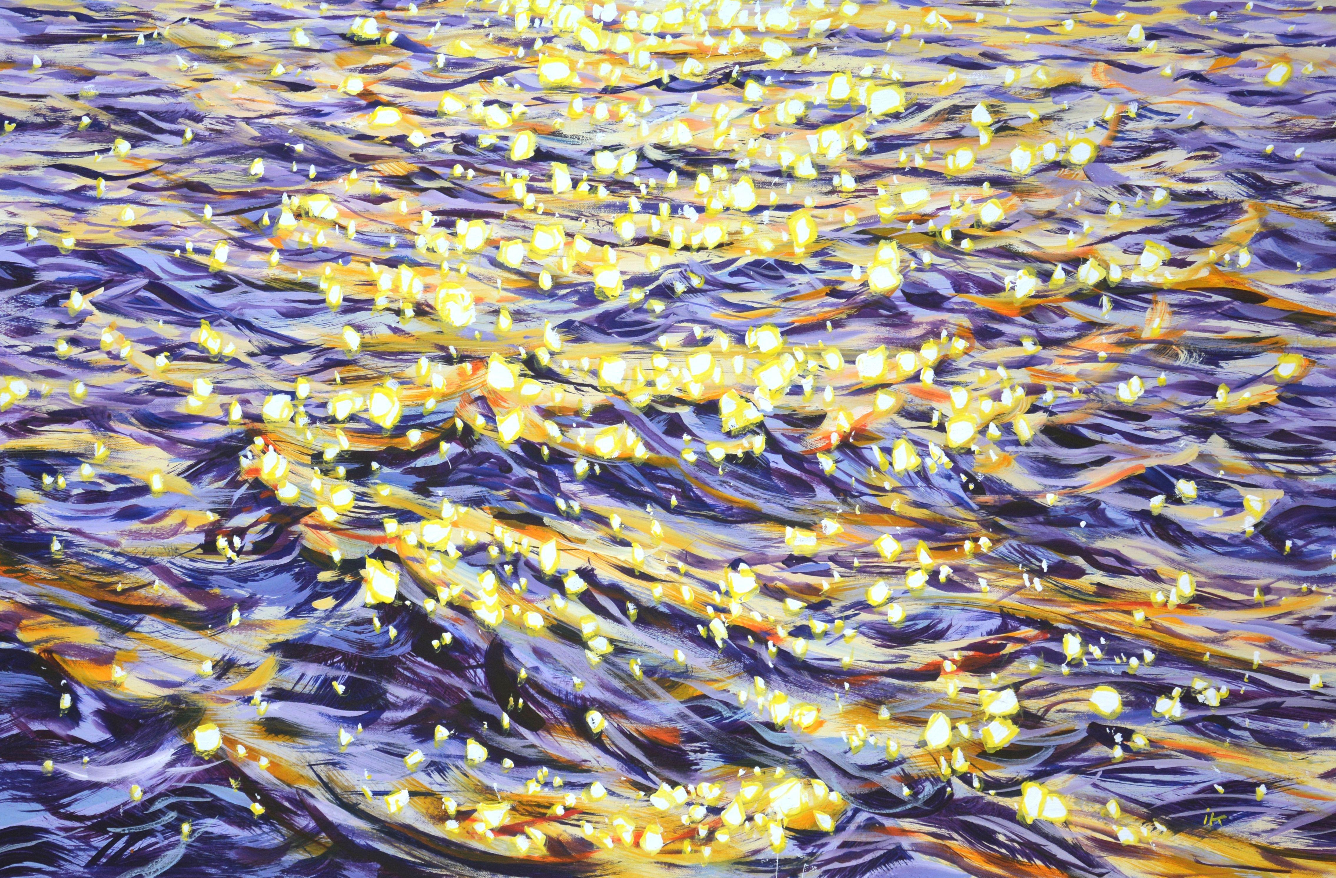 Dance of glare on the water 2. Evening, warm water, waves, serene views, ocean shine, evening sun glare on the water create an atmosphere of relaxation and romance. Made in the style of realism, a calm gray palette with warm water and golden