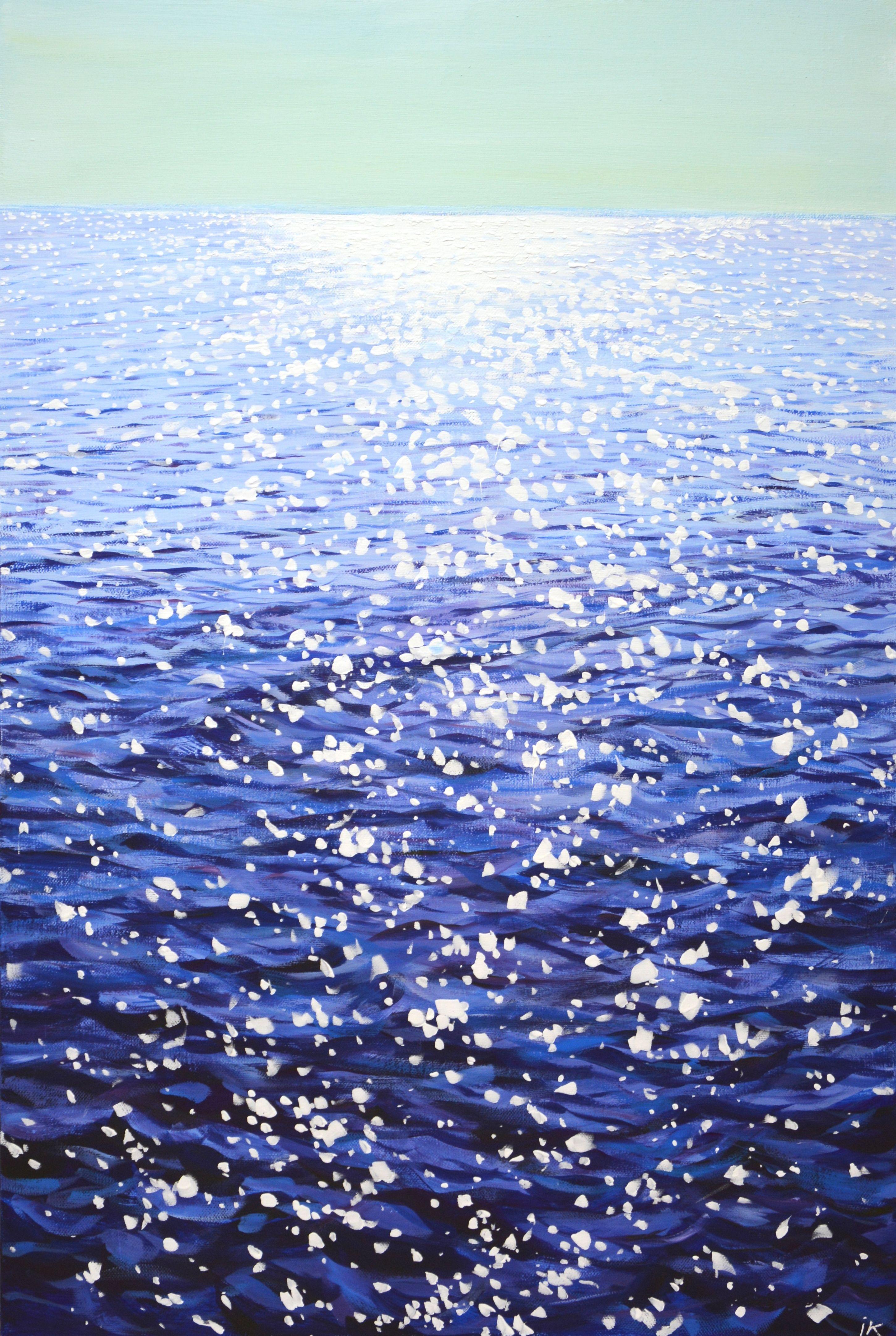 Dancing glare on the water. Blue water, blue ocean, clear sky, reflections on the water create an atmosphere of relaxation, serenity, romance. Made in the style of realism, deep blue, white palette emphasizes the energy of water. Part of a permanent