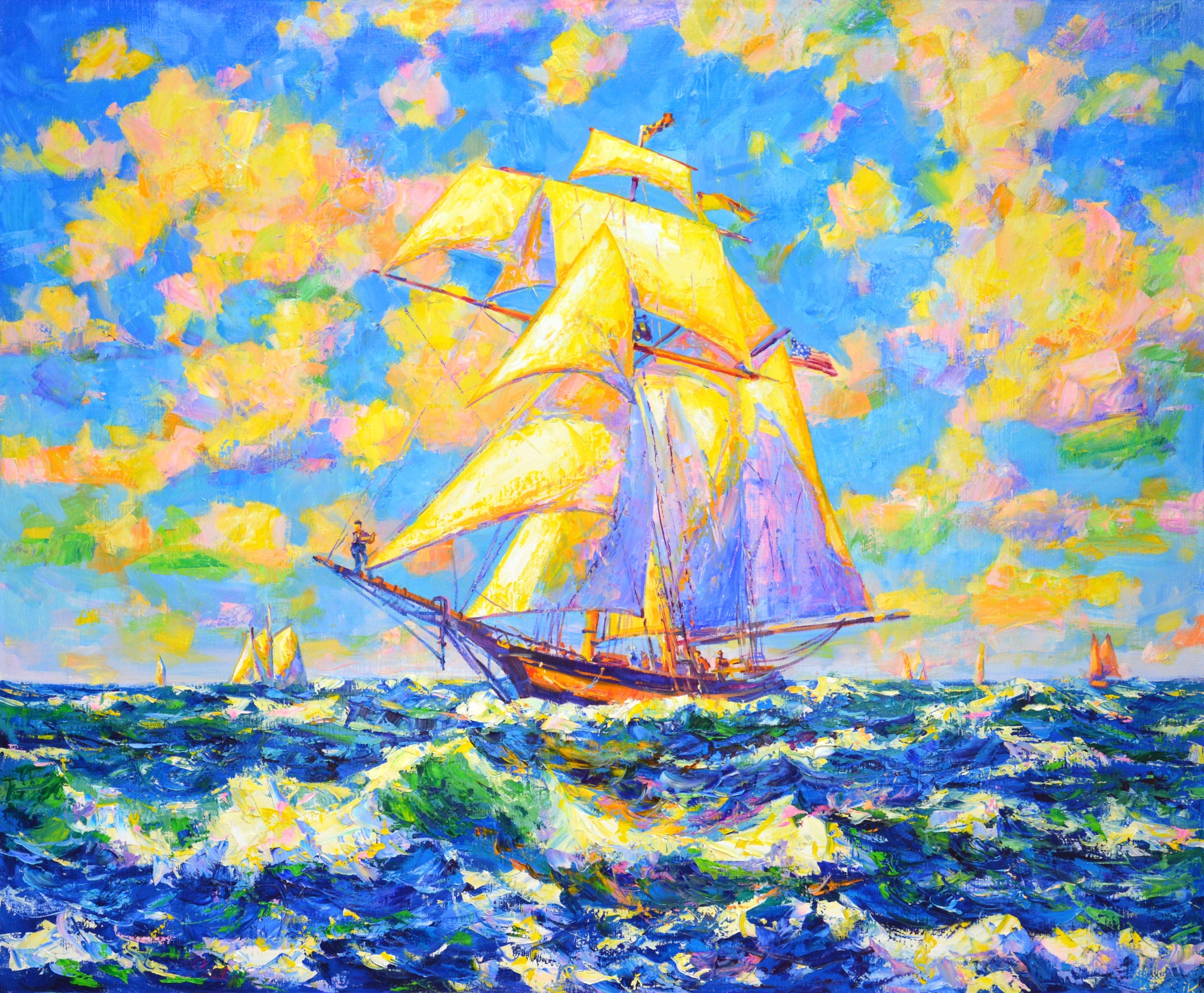 Dream ship. The sailboat sails in the midday sun, the crew keeps the sails. Golden light reflects off the canvas of the sail and passing clouds. The work of the palette knife emphasizes the changing water and the action of the scene. Impressionism.