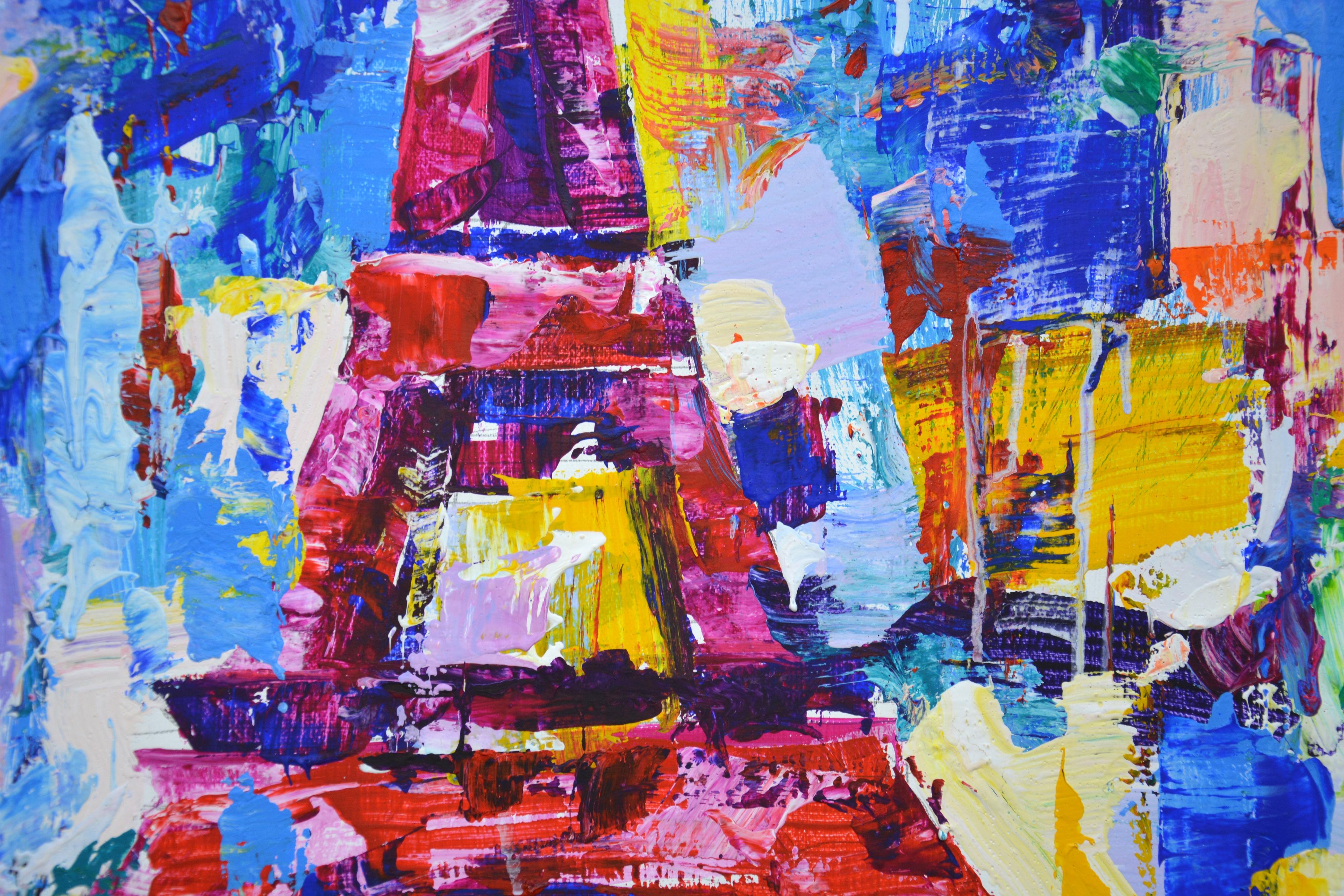 Torre Eiffel. Escrito en estilo pop art. Esta pintura única y expresiva está hecha con pinturas acrílicas. Puede convertirse en un acento de tu interior. El producto tiene un diseño estético sofisticado y moderno, lleno de energía positiva. Los