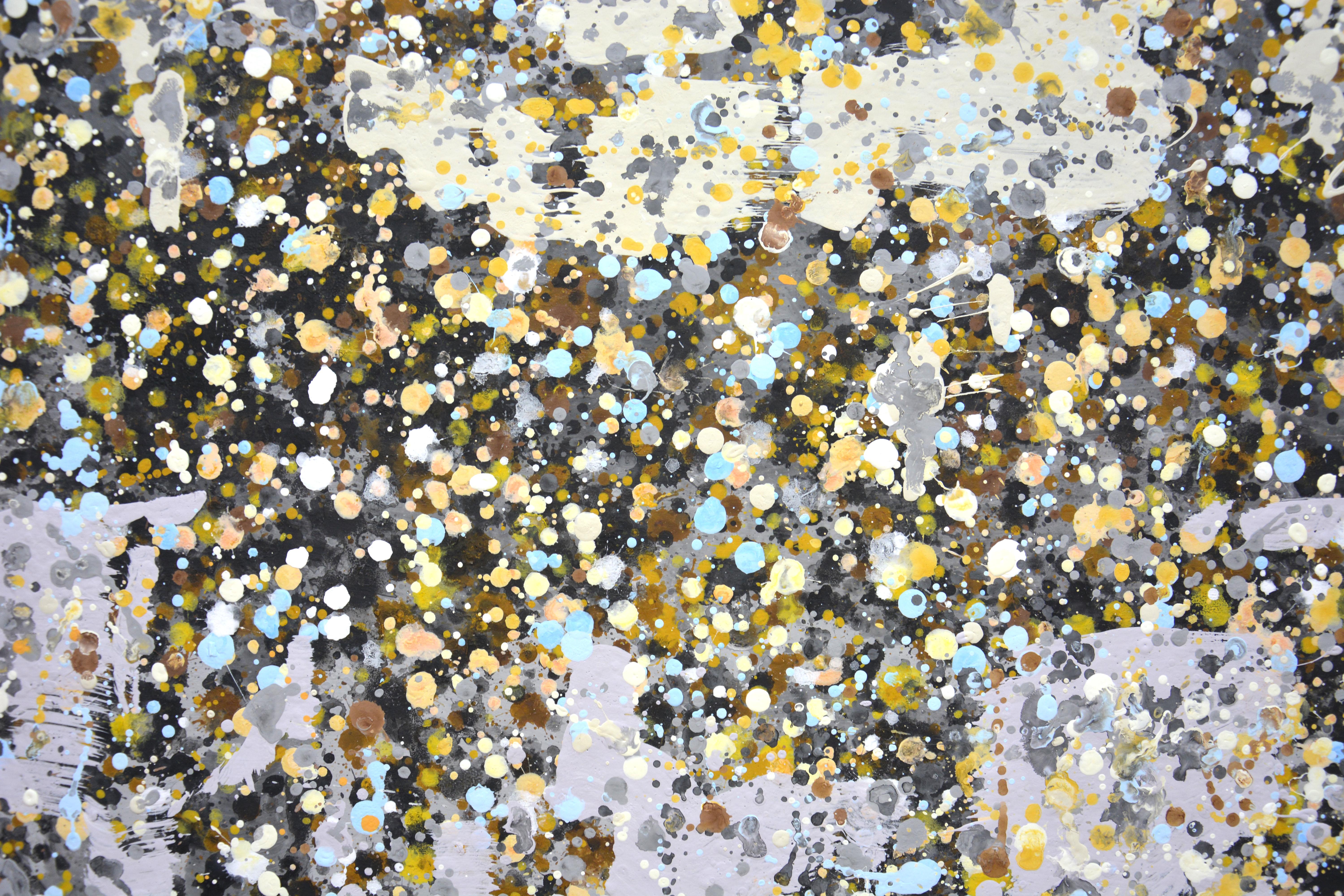 Enigma. A modern abstract painting created with dripping and splashing paint that sparkles and shimmers! Colors overlap and overlap, and also ascertain with different spots. Many colored drops, yellow, gray, black, blue, white on a gray-brown