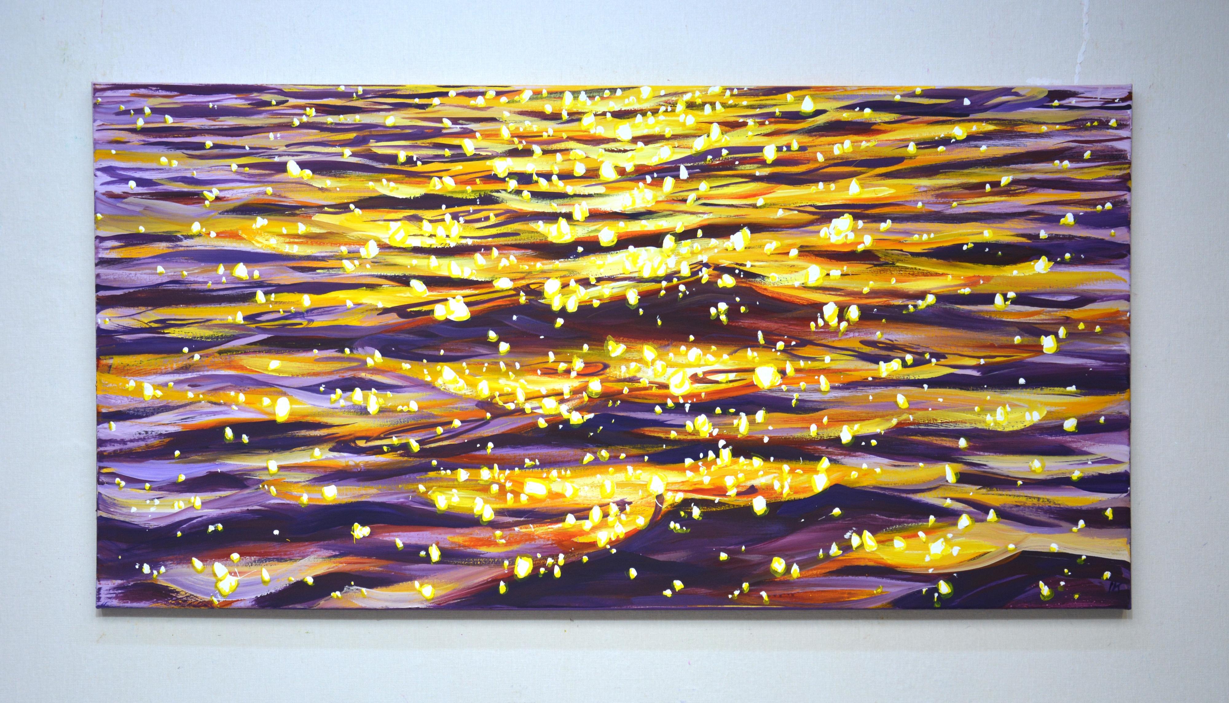 Bagliore serale sull'acqua 6  - Pittura acrilica astratta di grandi dimensioni (120x60 cm) - Landscape Painting Marrone di Iryna Kastsova