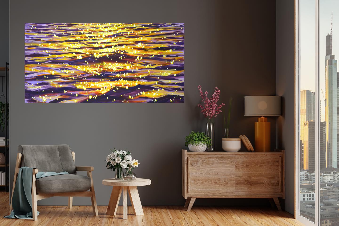 Bagliore serale sull'acqua 6  - Pittura acrilica astratta di grandi dimensioni (120x60 cm) in vendita 4
