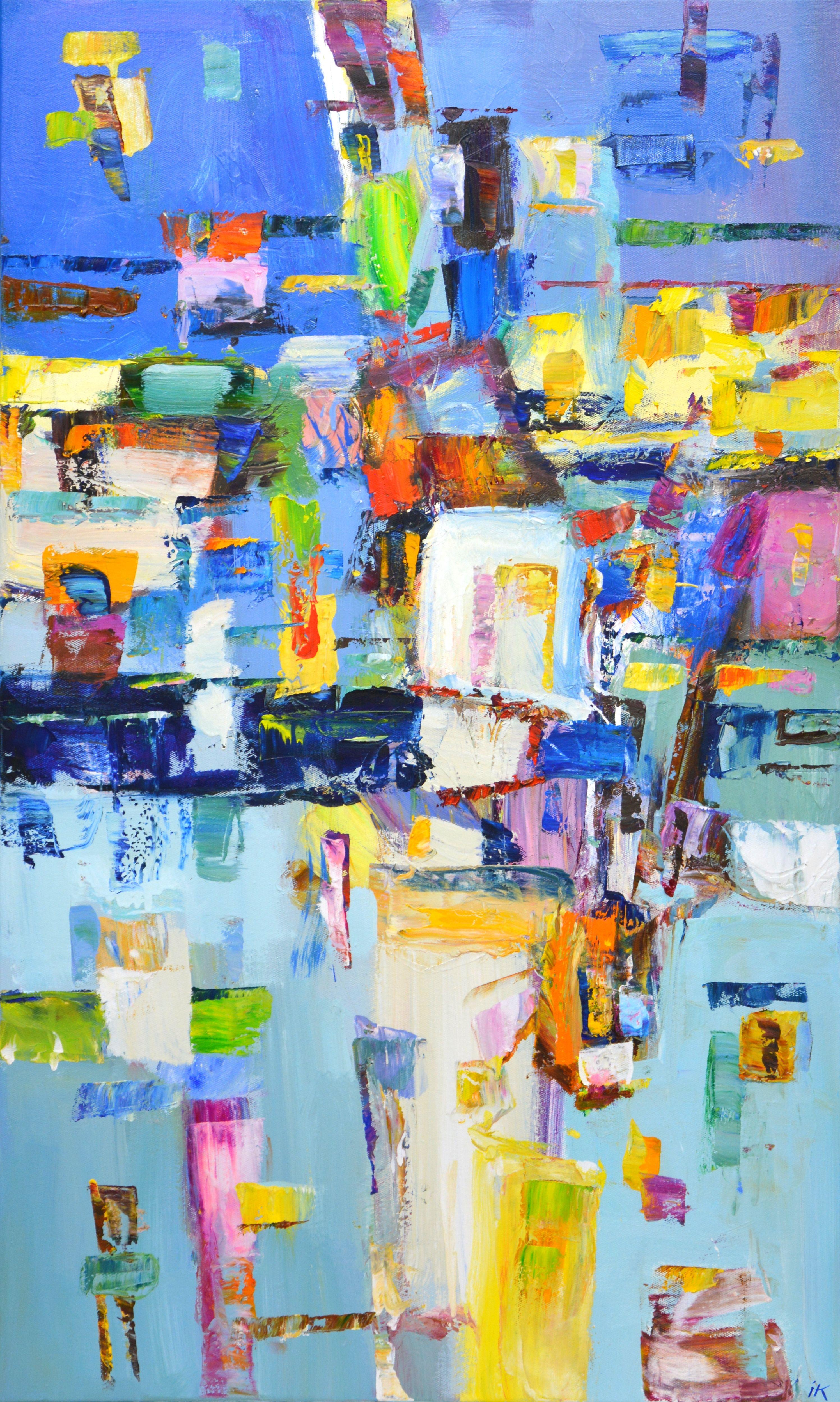Evening in the city. This abstract composition is full of energy and excitement. Colors overlap and overlap, and contrast with subtle and vibrant color shifts. Accents of bright yellow, white, red look modern and effective against a blue background.
