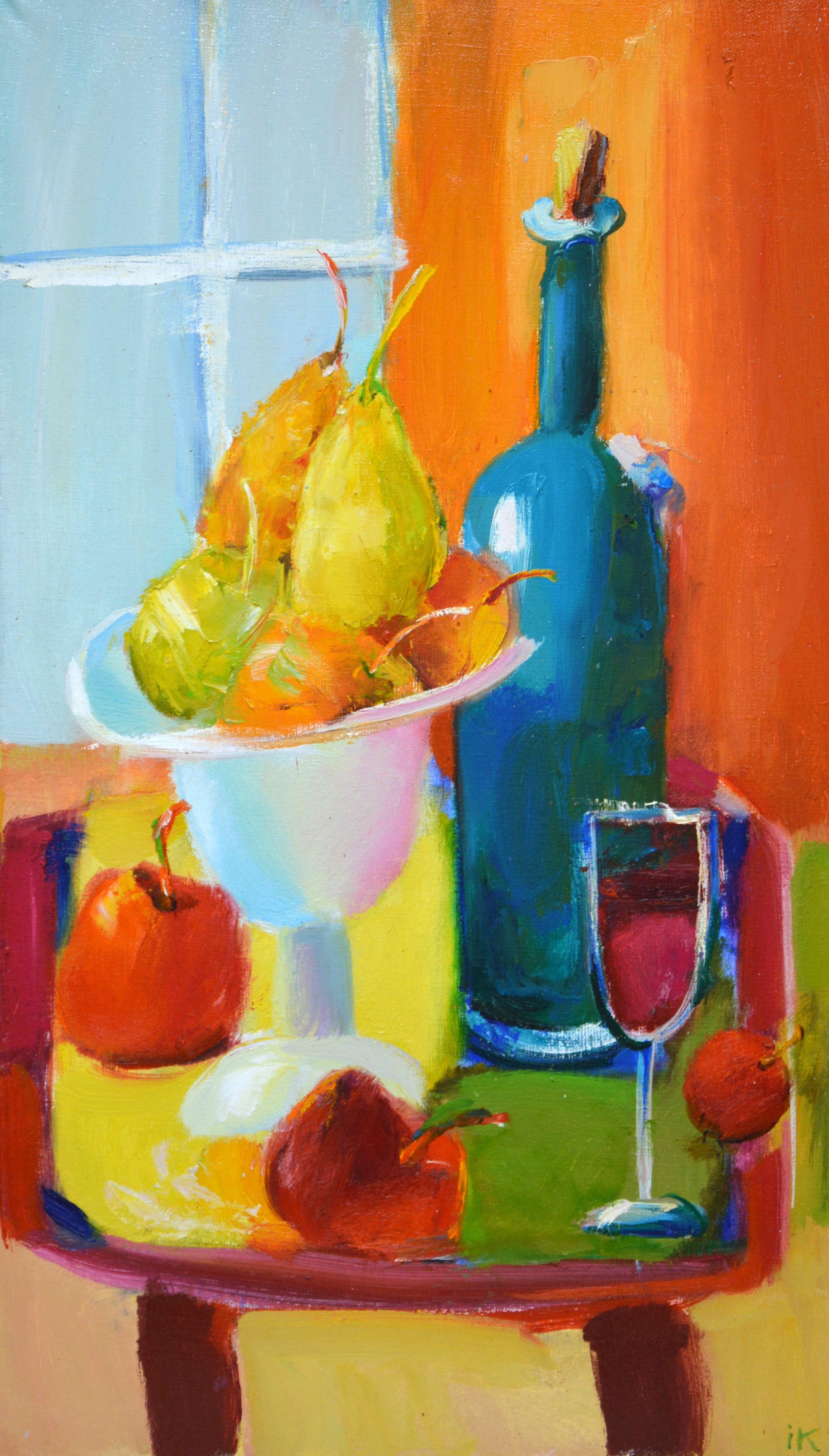 Modern, decorative still life in the kitchen, a bottle of wine, a glass, fruits on the table. Part of an ongoing series of colorful decorative still lifes. The picture has good spatial quality, and the bright colors are pleasing to the eyes.