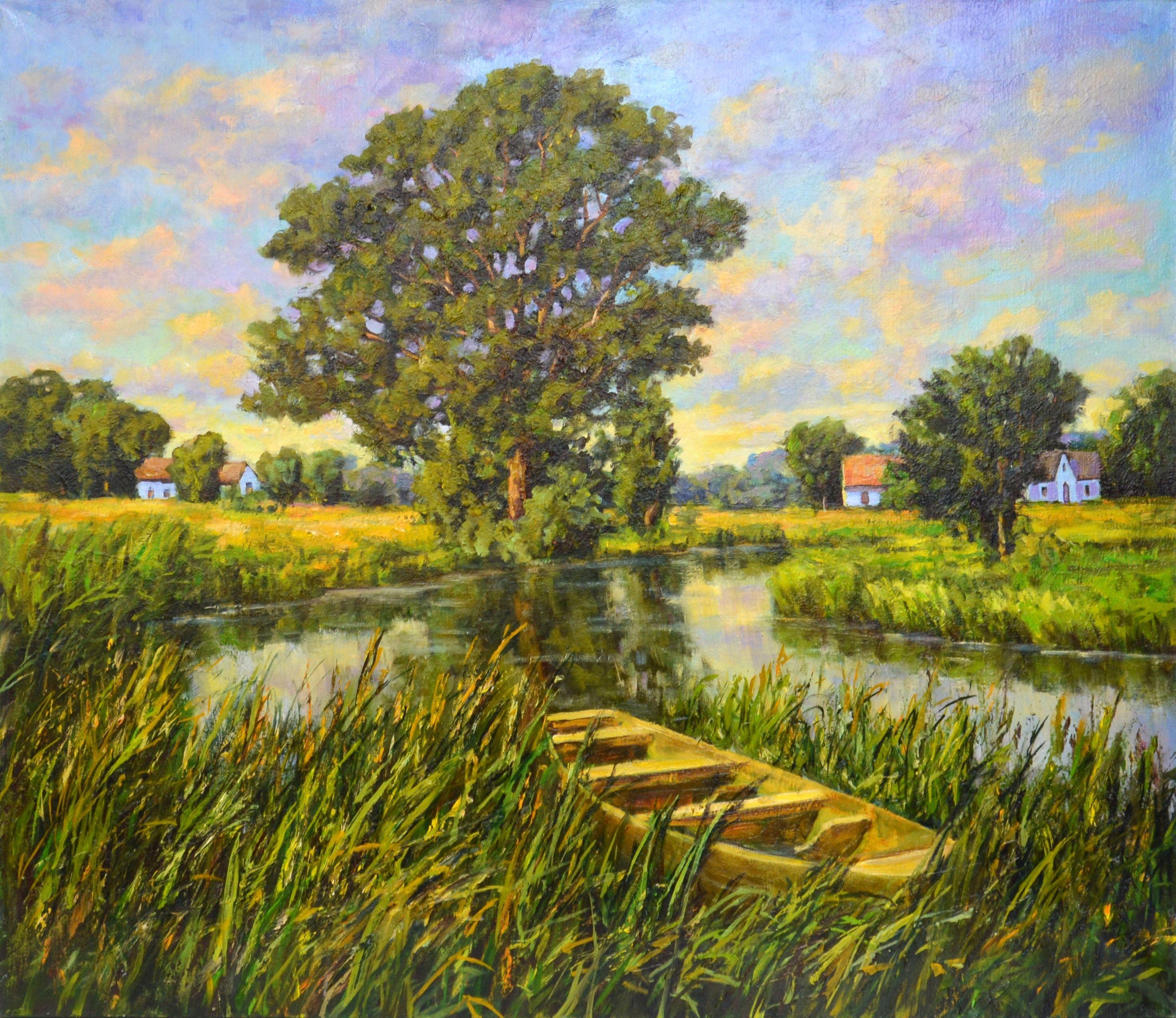 Painting Evening. A rich palette of greenery, water, a reflection of the sky in the water, a boat, houses in the distance, a beautiful summer evening evoke a feeling of love and appreciation for nature. The picture has good spatial quality, and the