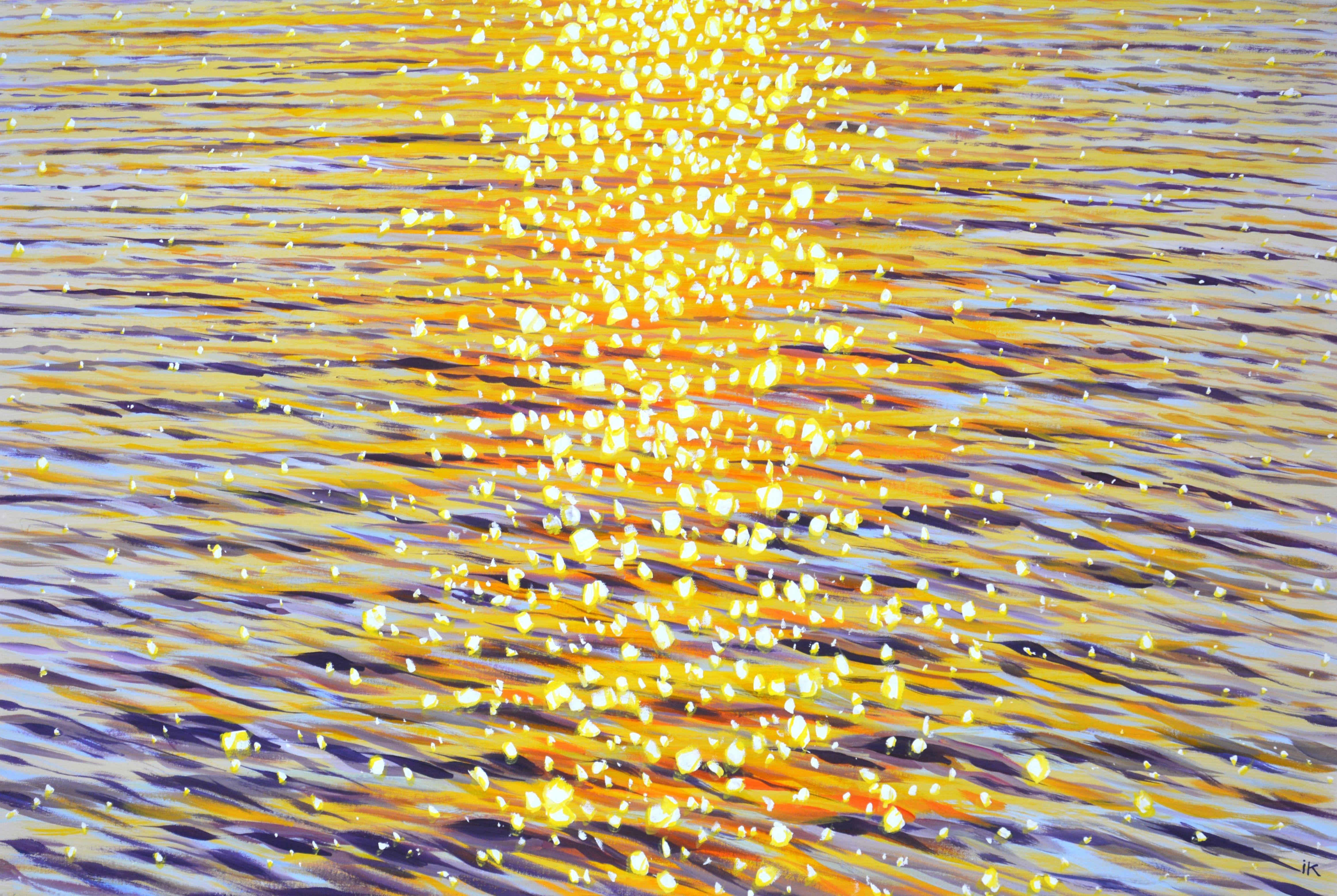 Evening sparks on the water. Golden glare of the sun on the water, ocean, sunset, small waves, serene view create an atmosphere of relaxation and romance. Nature is the best source of inspiration. Made in the style of realism, warm-cold palette