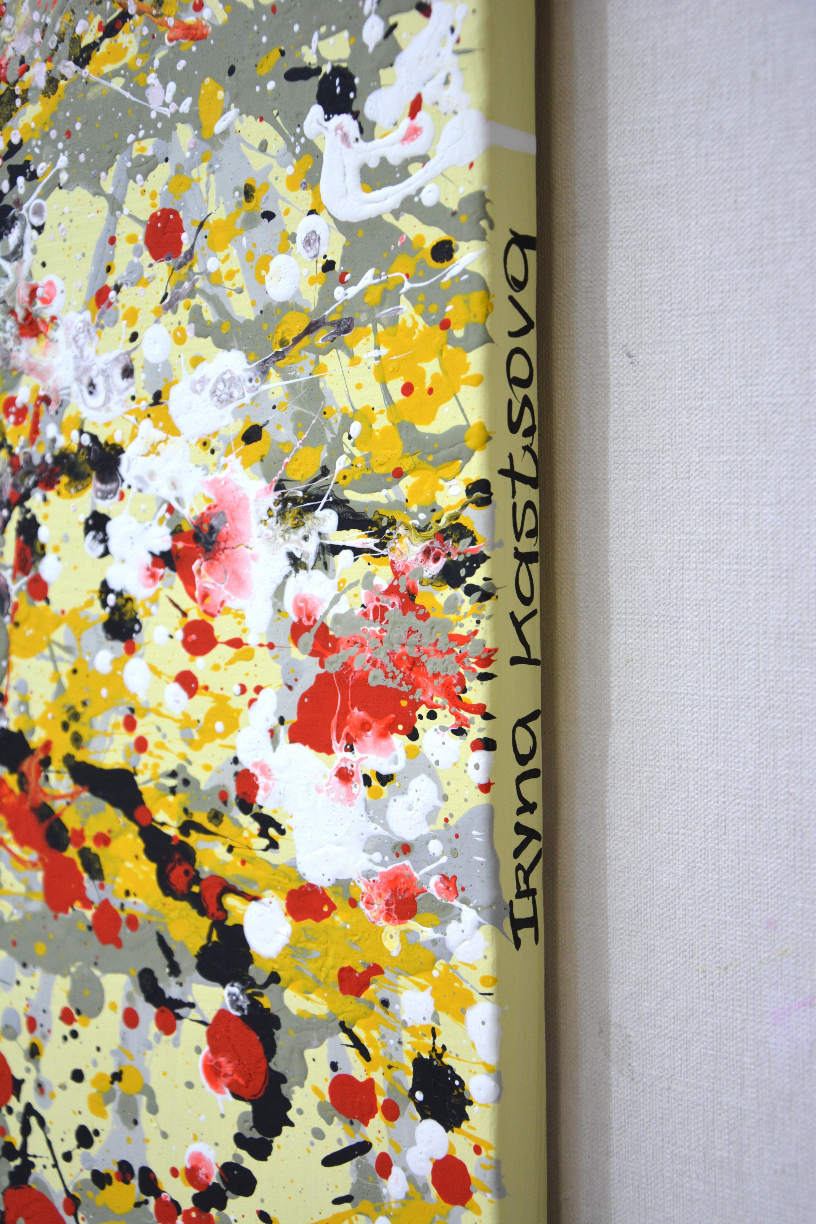Experiment. A modern, abstract, expressive, sophisticated painting that fits harmoniously into a modern interior. The work was created using the technique of dripping and splashing paint onto the canvas. There are gray, black, yellow, and white