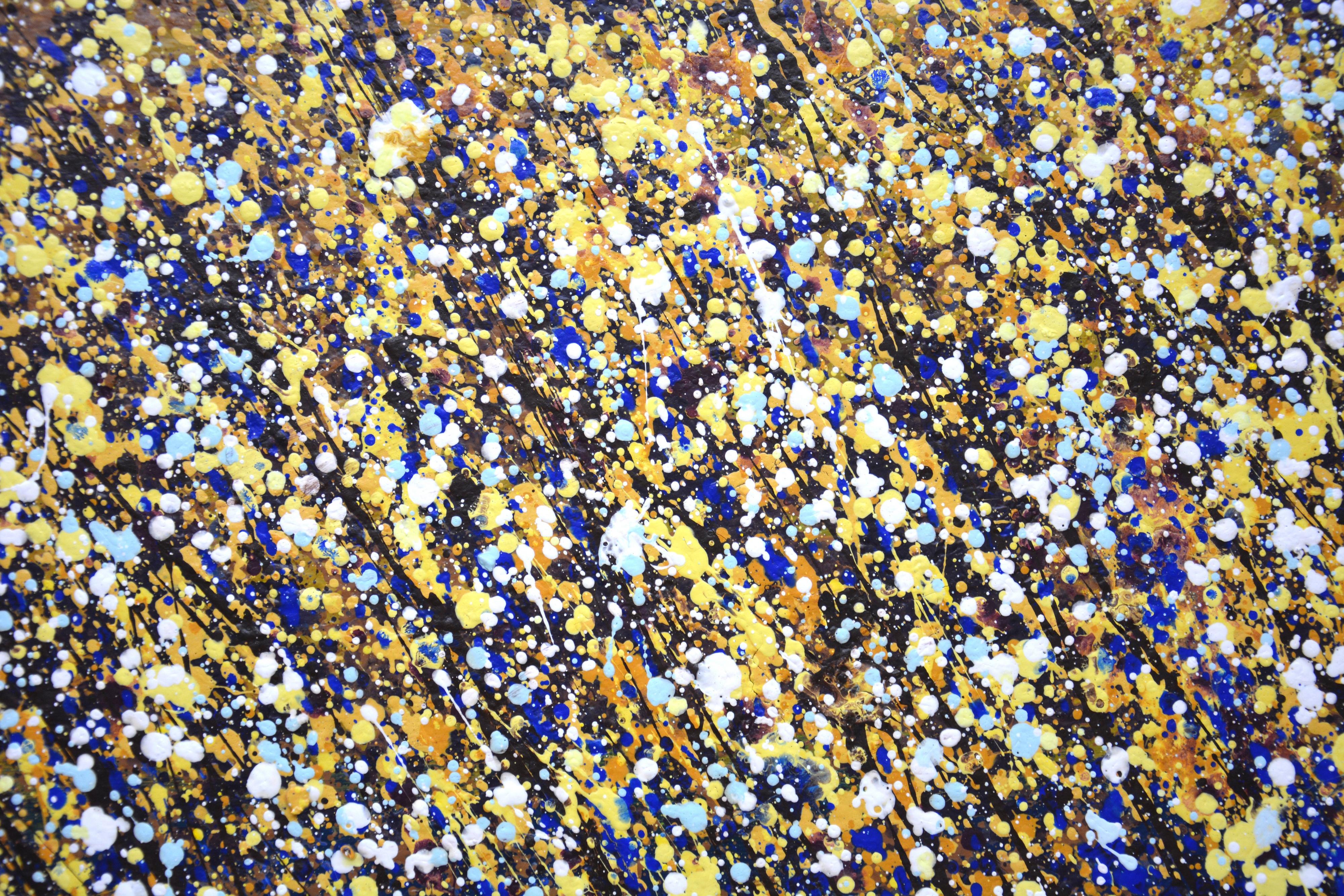 Expression 15. A modern expressive abstract painting created with drops and splashes of paint that sparkles and shimmers! Colors are superimposed on each other and also correspond to different points. There are a lot of blue, white, ocher drops on a