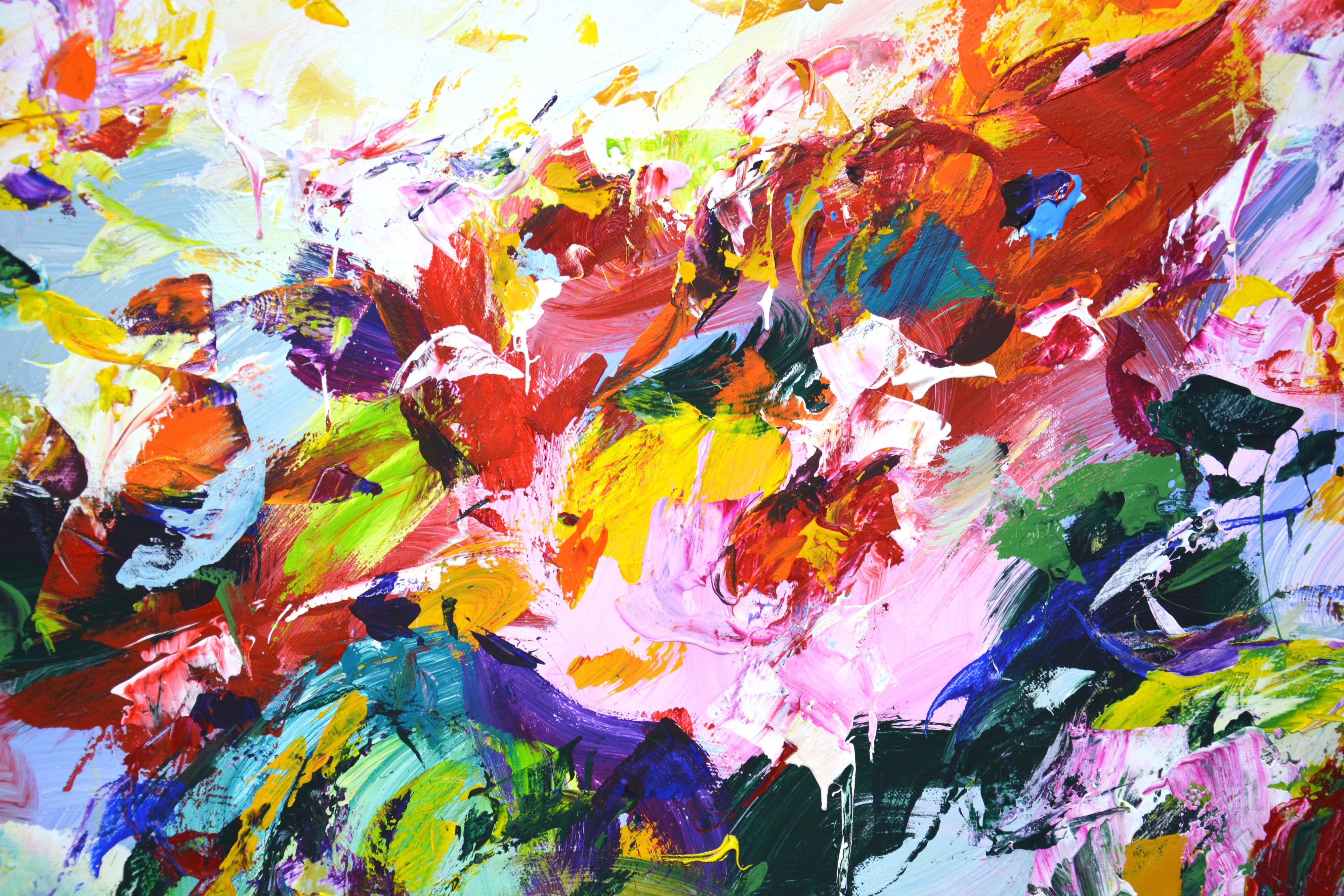 Ausdruck. Blumenfeld. Ein sonniger Sommertag, die ganze Erde wird von Wärme erwärmt, ein blühendes Feld, Blumen, bunter Mohn, der Himmel schaffen eine Atmosphäre der Entspannung, Harmonie, Ruhe. Expressionismus. Die Natur ist eine unerschöpfliche