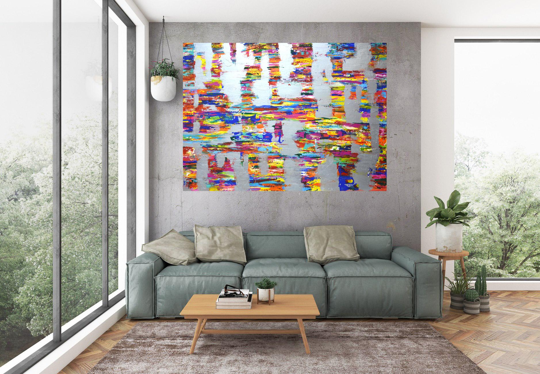 Expresión con plata 13 - Pintura abstracta grande - Arte mural moderno vibrante en venta 5