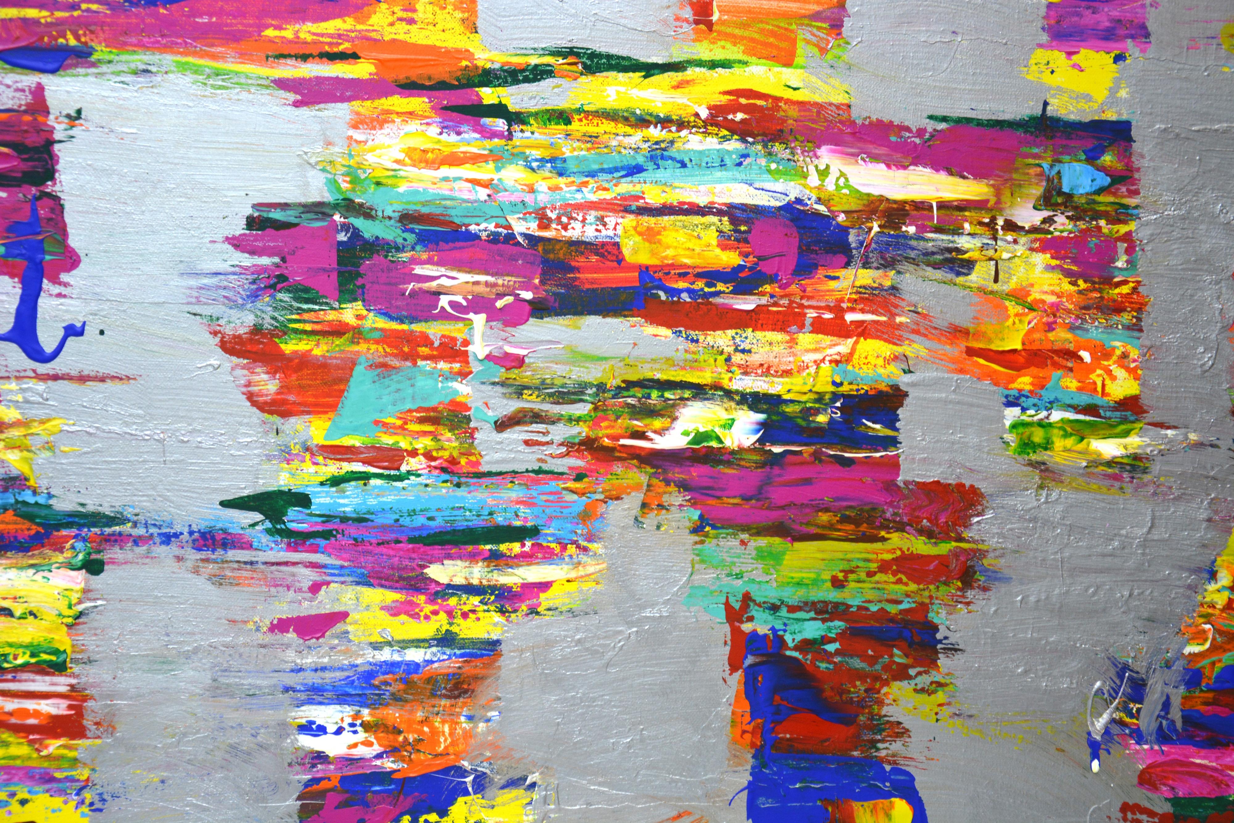 Expresión con plata 13 - Pintura abstracta grande - Arte mural moderno vibrante en venta 1