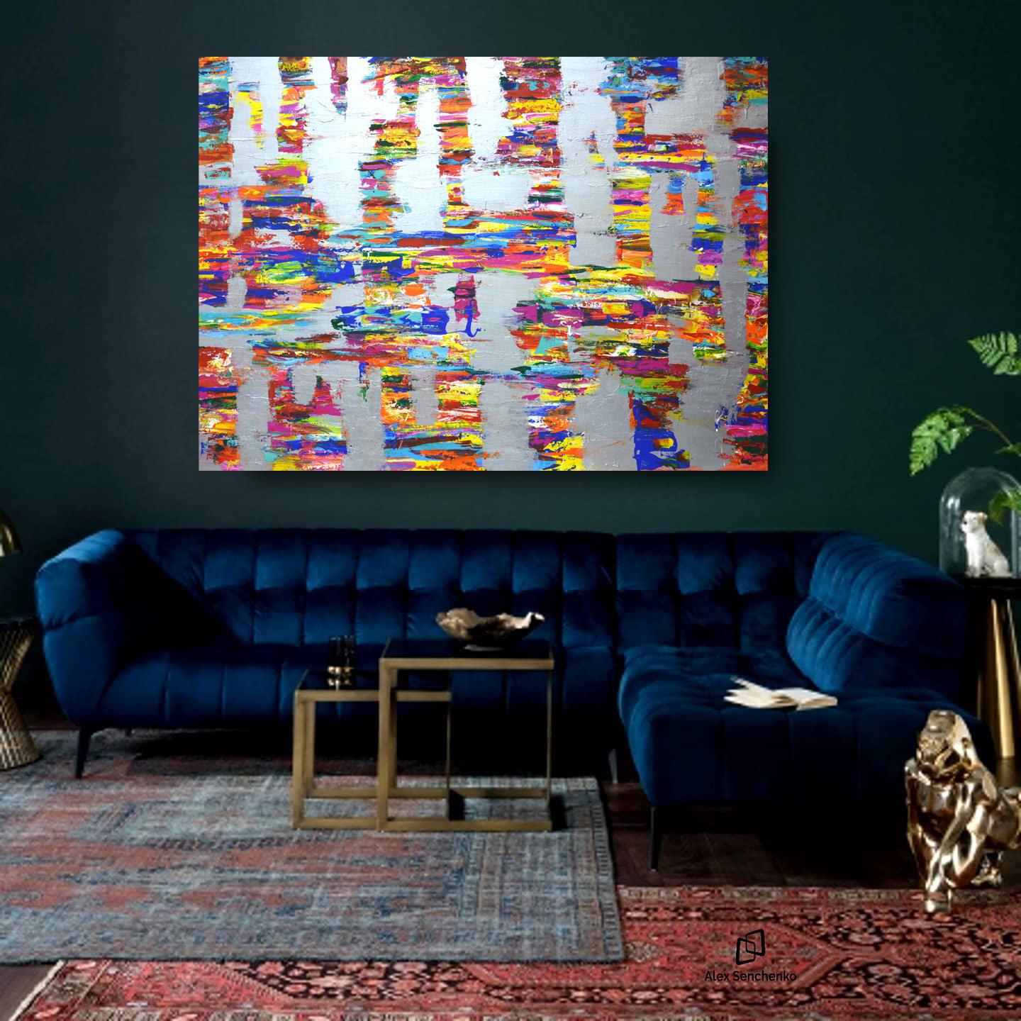 Expresión con plata 13 - Pintura abstracta grande - Arte mural moderno vibrante en venta 2