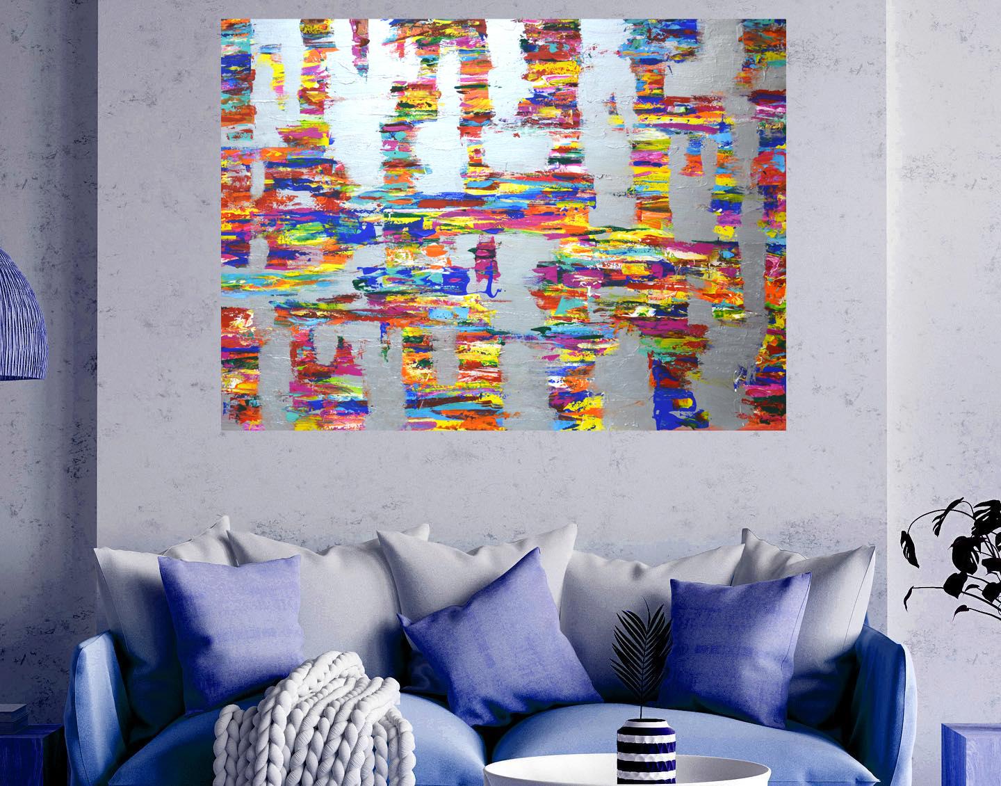 Expresión con plata 13 - Pintura abstracta grande - Arte mural moderno vibrante en venta 3
