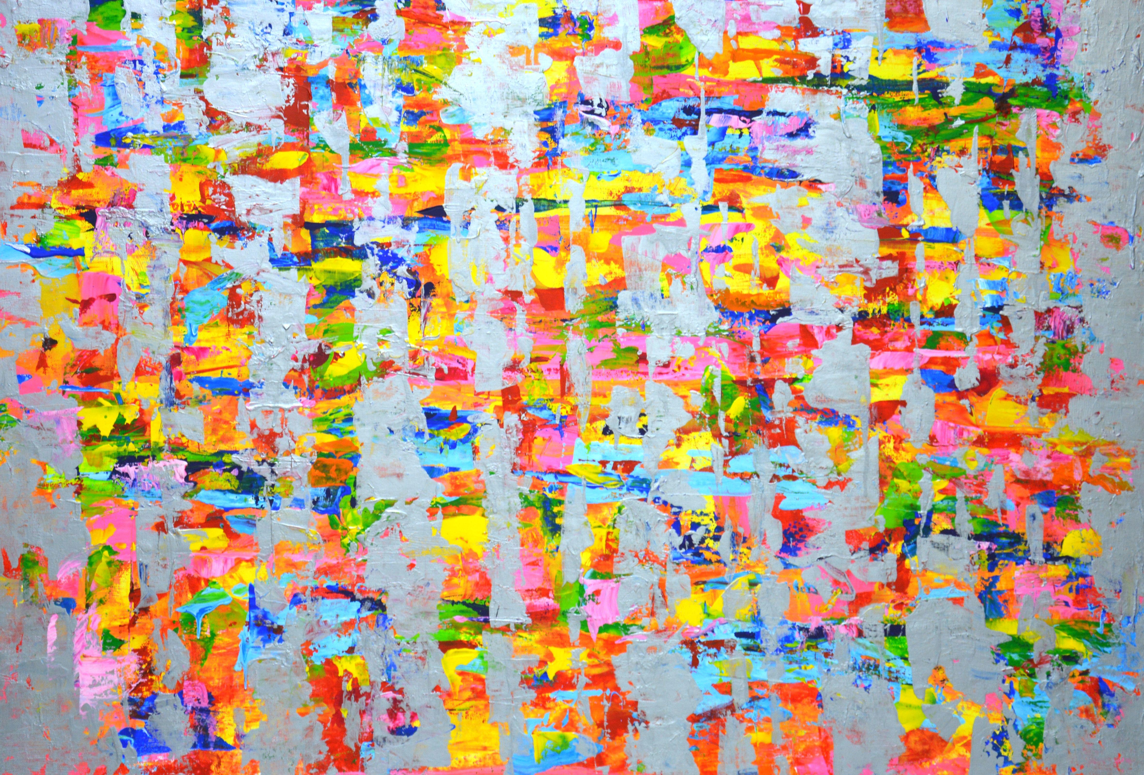 Expression with silver 5. This is an original abstract acrylic painting. The product has a modern aesthetic design and is filled with positive energy. Colors overlap and stand out with subtle and vibrant color transitions. Light tones of pink,