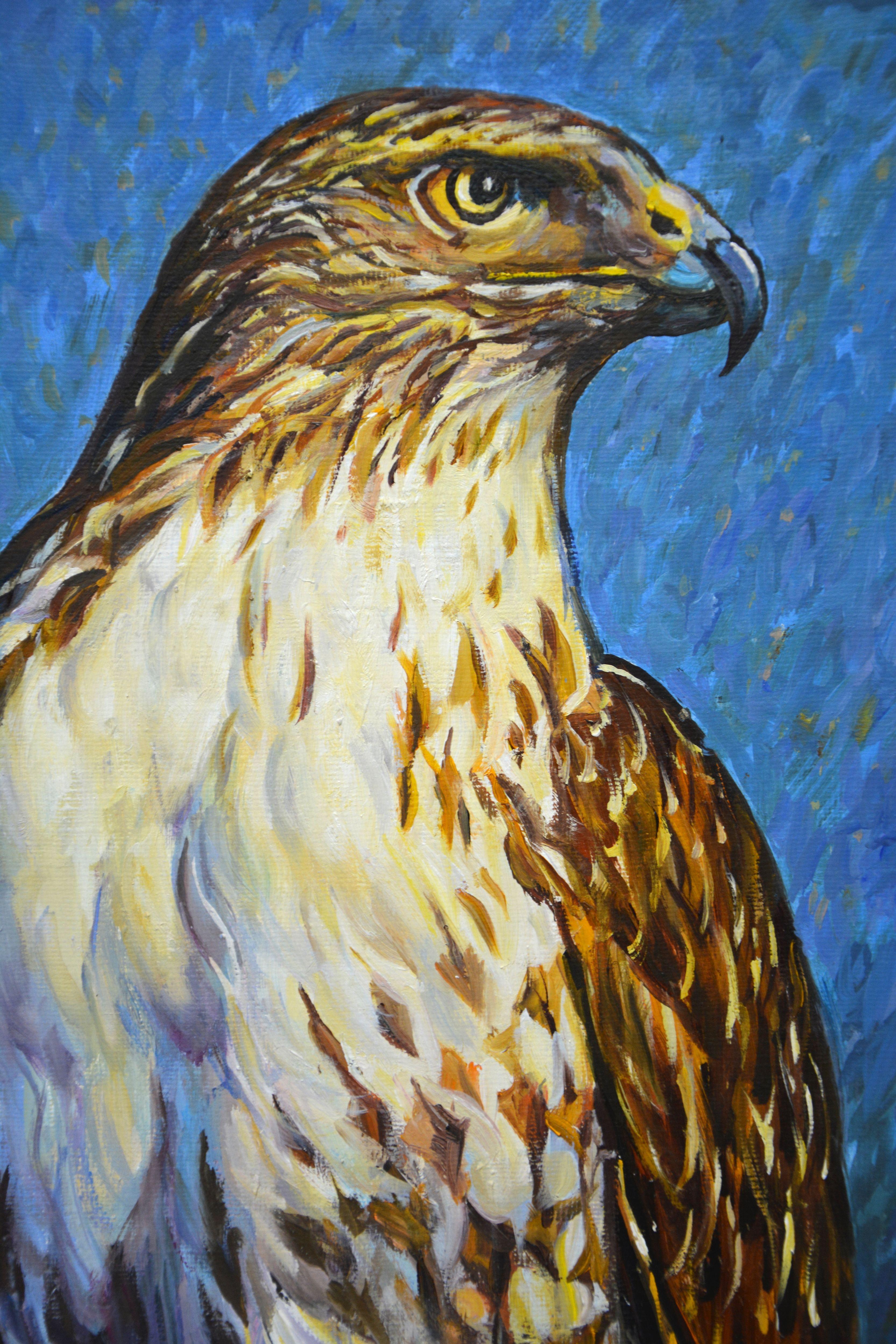 Falcon. Uccello, cacciatore, predatore. Pittura a olio su tela di lino. Opera originale, unica nel suo genere. L'opera è ricoperta di vernice. I lati sono stati ridipinti. Sospensione pronta. Certificato di autenticità. :: Pittura :: Realismo ::