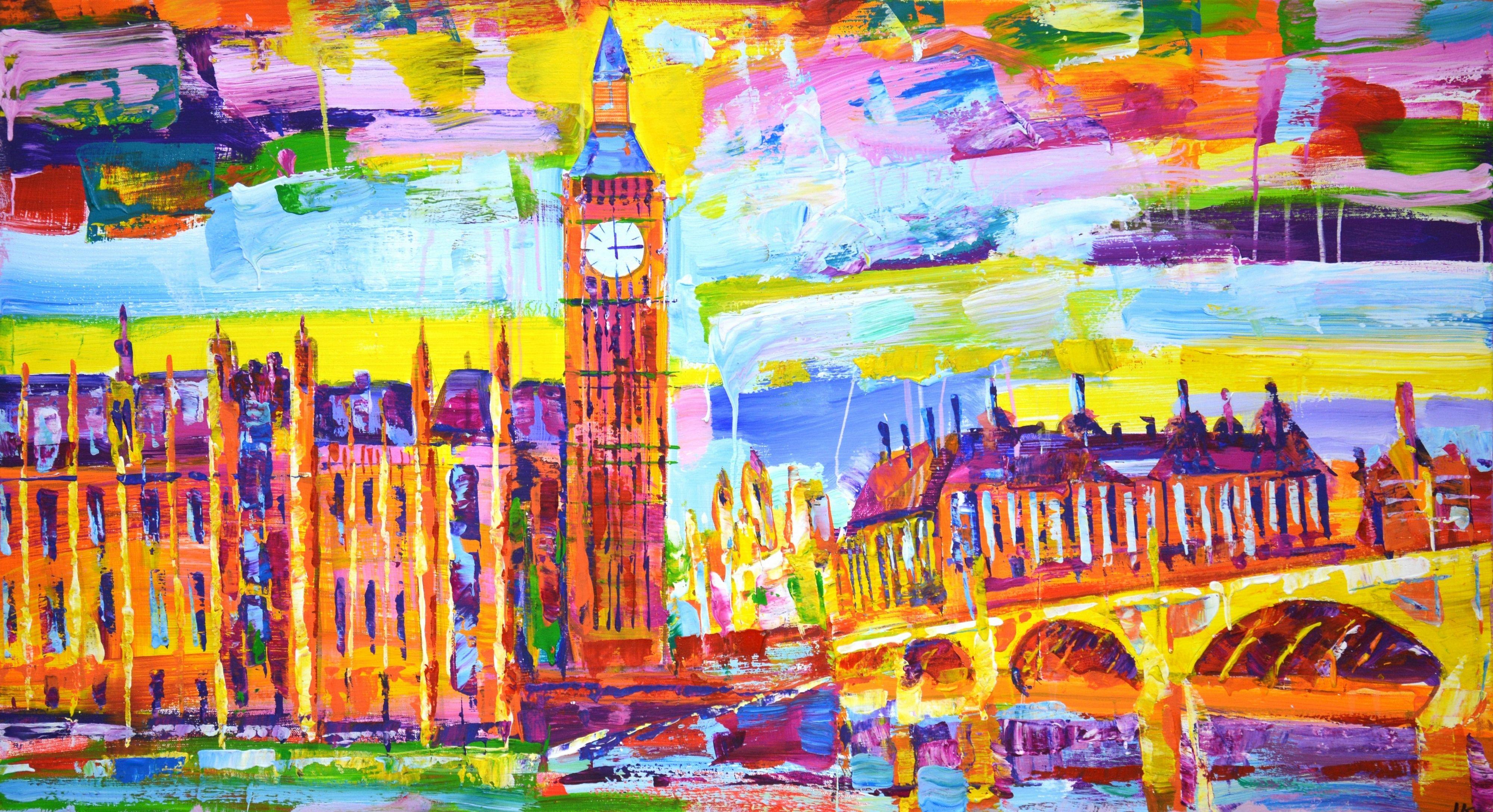Favorite London.  Pop Art. This unique expressive picture is painted with acrylic paints. Can become an accent of your interior. The product has a mature modern aesthetic design and is filled with positive energy. The colors are superimposed on each