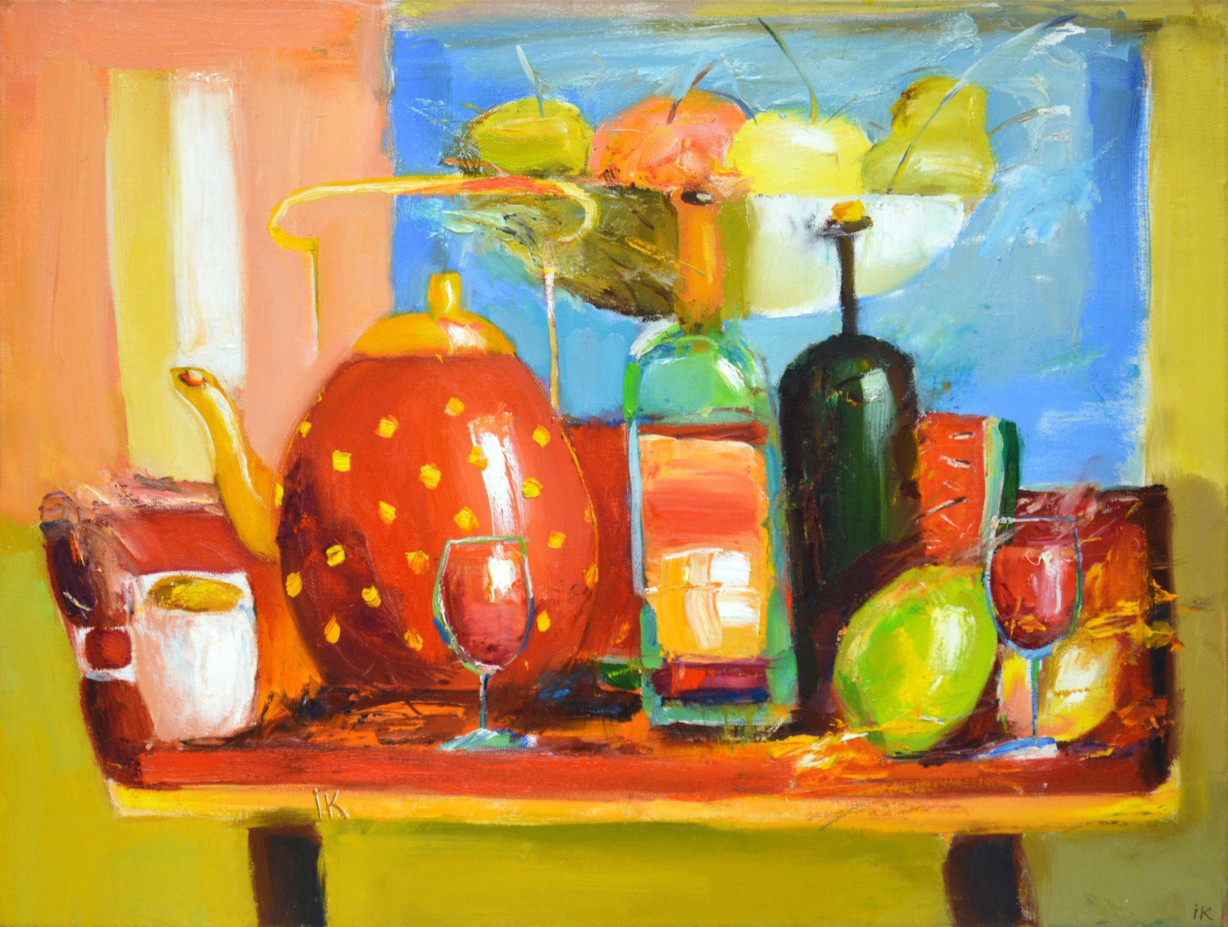 A bright, expressive, modern still life with a red teapot with polka dots, bottles of wine, glasses, fruits on the table. Oil painting. Artist's signature, varnished. Ready to hang. Certificate of Authenticity. :: Painting :: Modern :: This piece