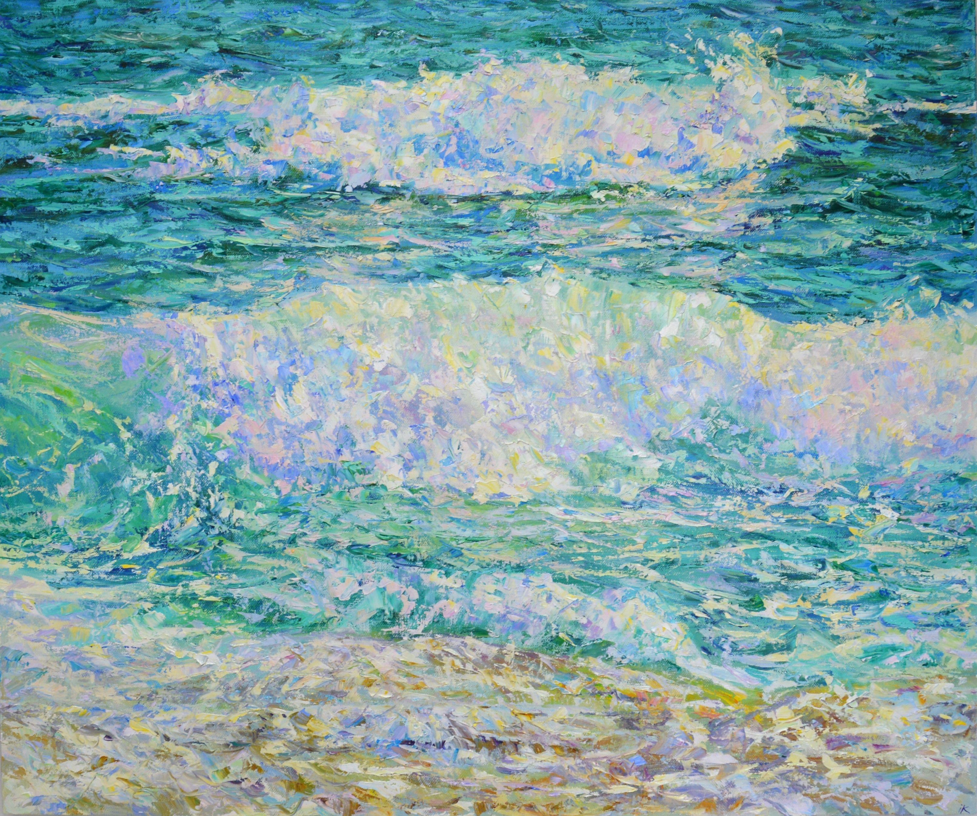 Bright daylight reflects off the rolling waves, creating an almost abstract composition. A rigid palette of knives and a rich palette of turquoise, white, light purple, pink shades emphasize the warm radiance of the sun and the movement of water.