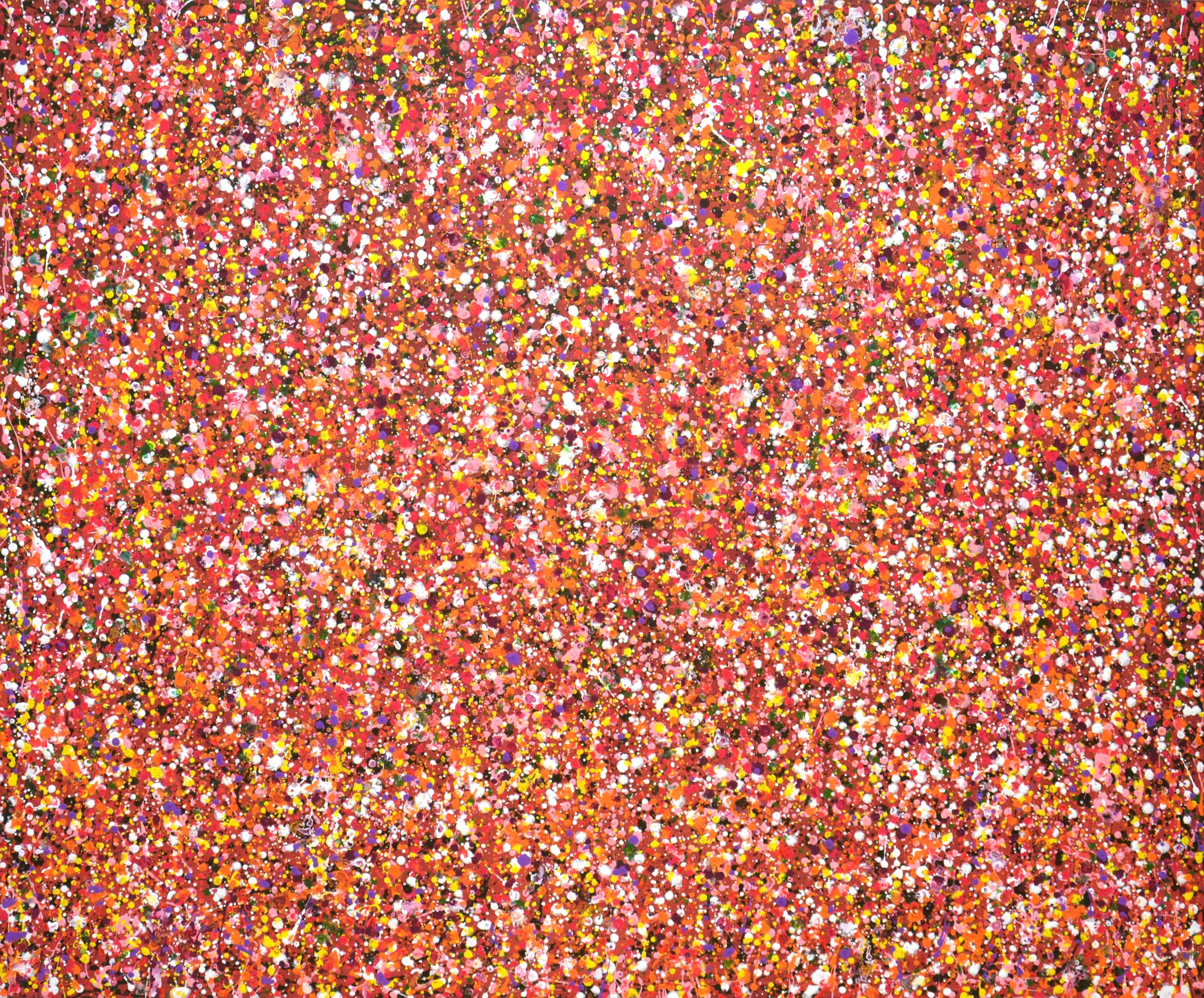 Flight to Mars. A modern abstract painting made using dripping and splashing paint, which has sparkle and shimmer! Many colored drops, yellow, red, pink, white on a red-brown background.  The picture is of good spatial quality, filled with positive