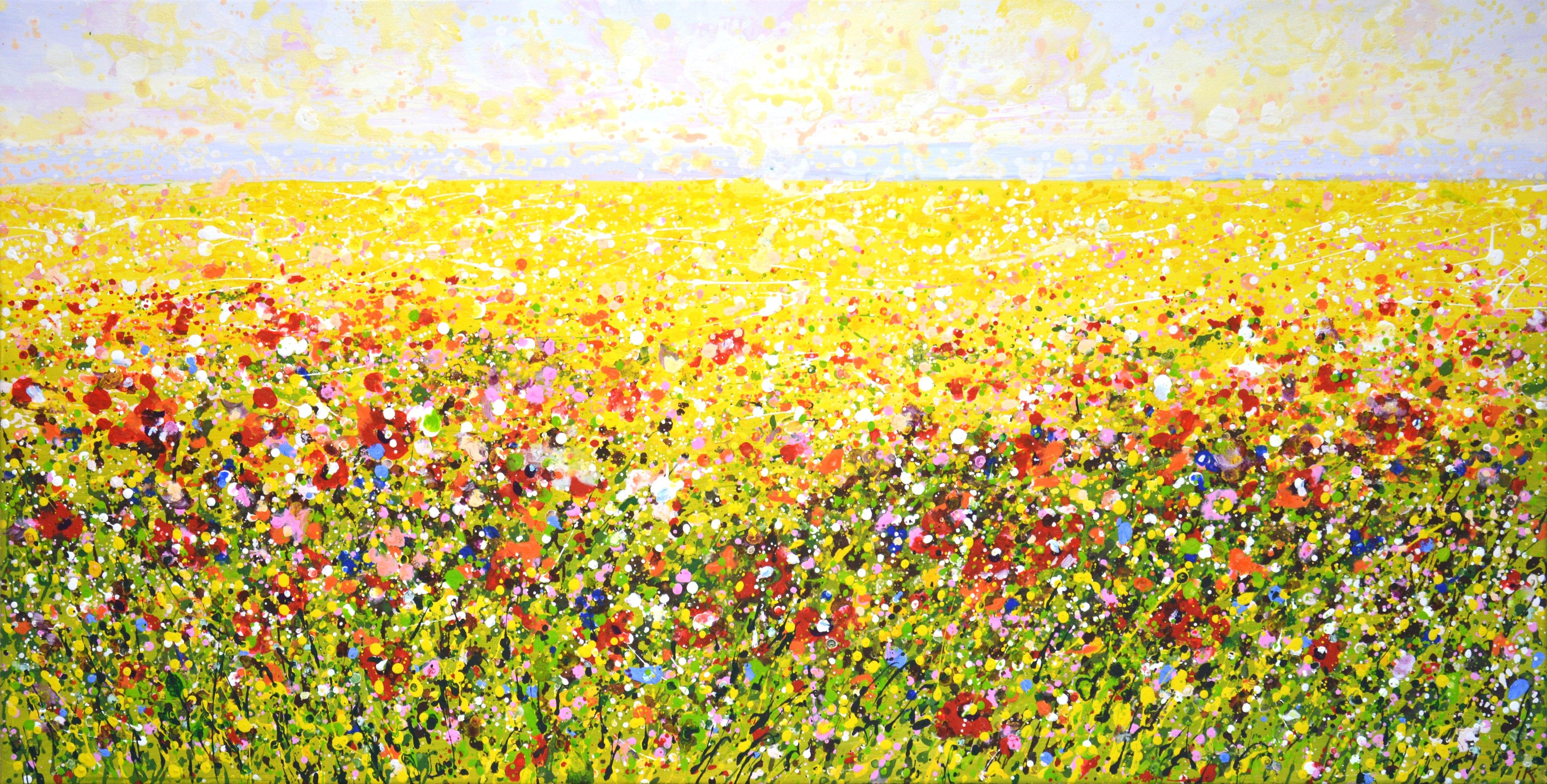 Flower field 5. Summer landscape: yellow field, poppies. A celebration of bright flowers and herbs on a summer day creates an atmosphere of relaxation, harmony and bliss. Abstract expressionism. The painting was painted using the technique of