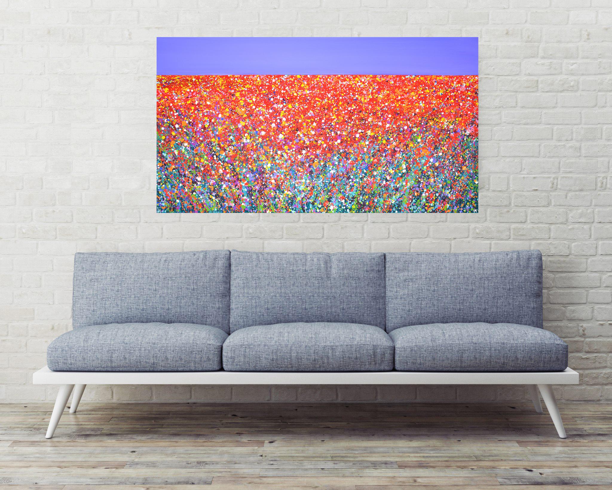 Campo di fiori 6. Pittura astratta di paesaggio Campo blu cielo rosso con fiori Arte 6