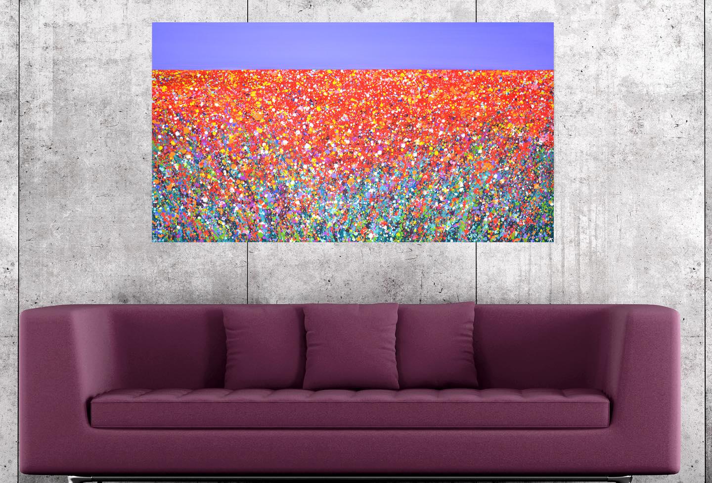 Campo di fiori 6. Pittura astratta di paesaggio Campo blu cielo rosso con fiori Arte 7