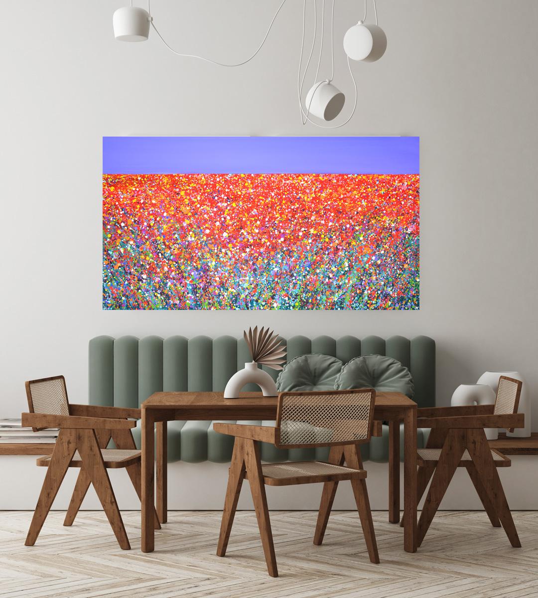 Campo di fiori 6. Pittura astratta di paesaggio Campo blu cielo rosso con fiori Arte 8