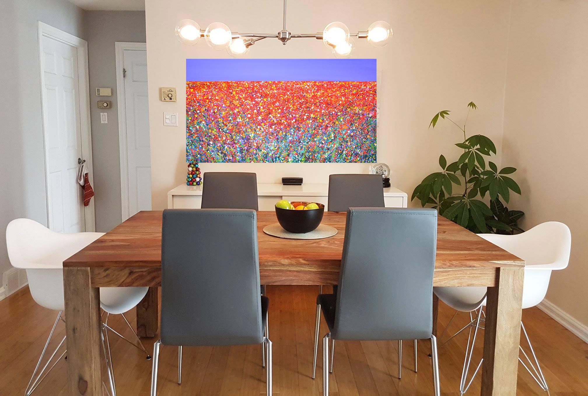 Campo di fiori 6. Pittura astratta di paesaggio Campo blu cielo rosso con fiori Arte 9