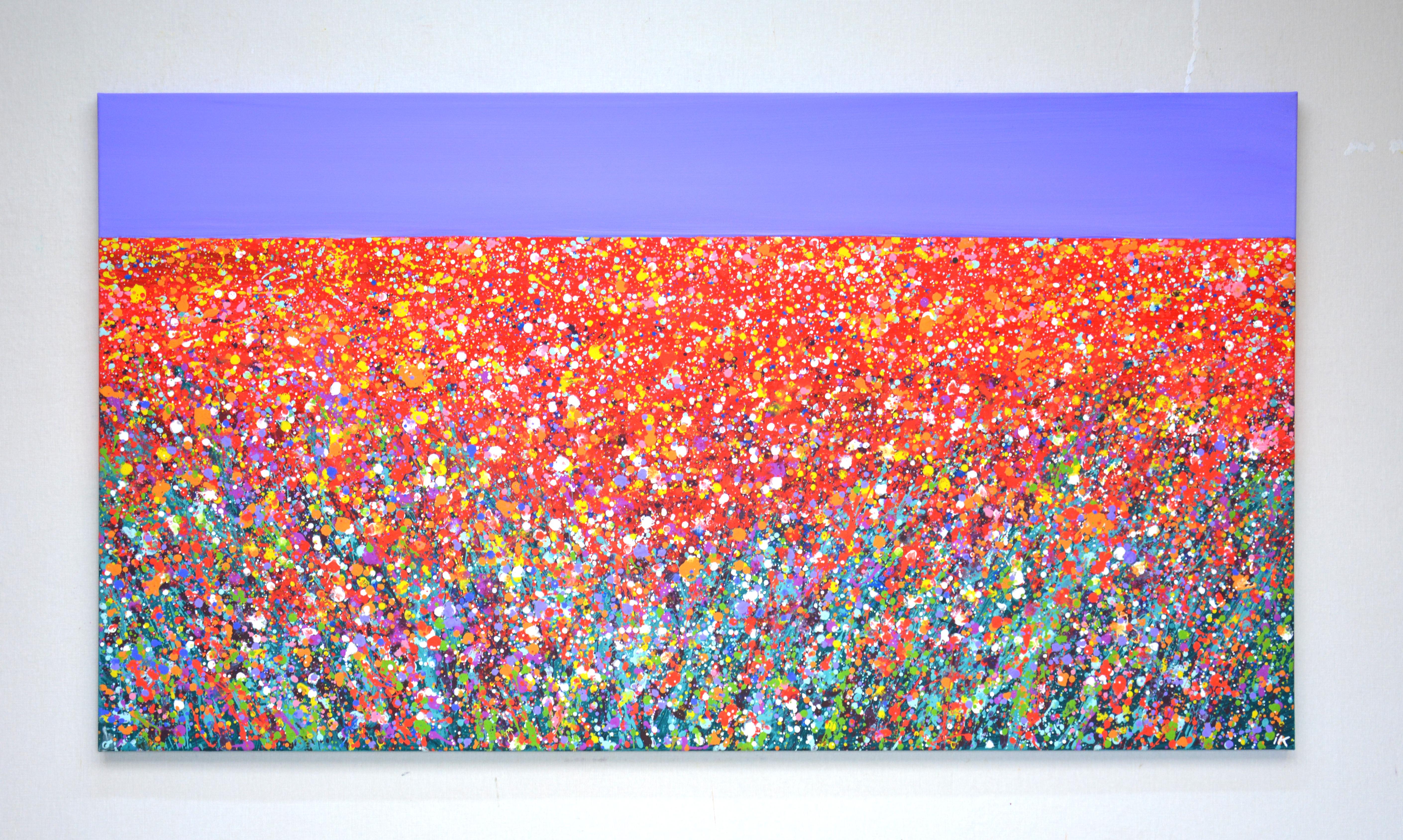 Campo di fiori 6. Pittura astratta di paesaggio Campo blu cielo rosso con fiori Arte - Painting di Iryna Kastsova