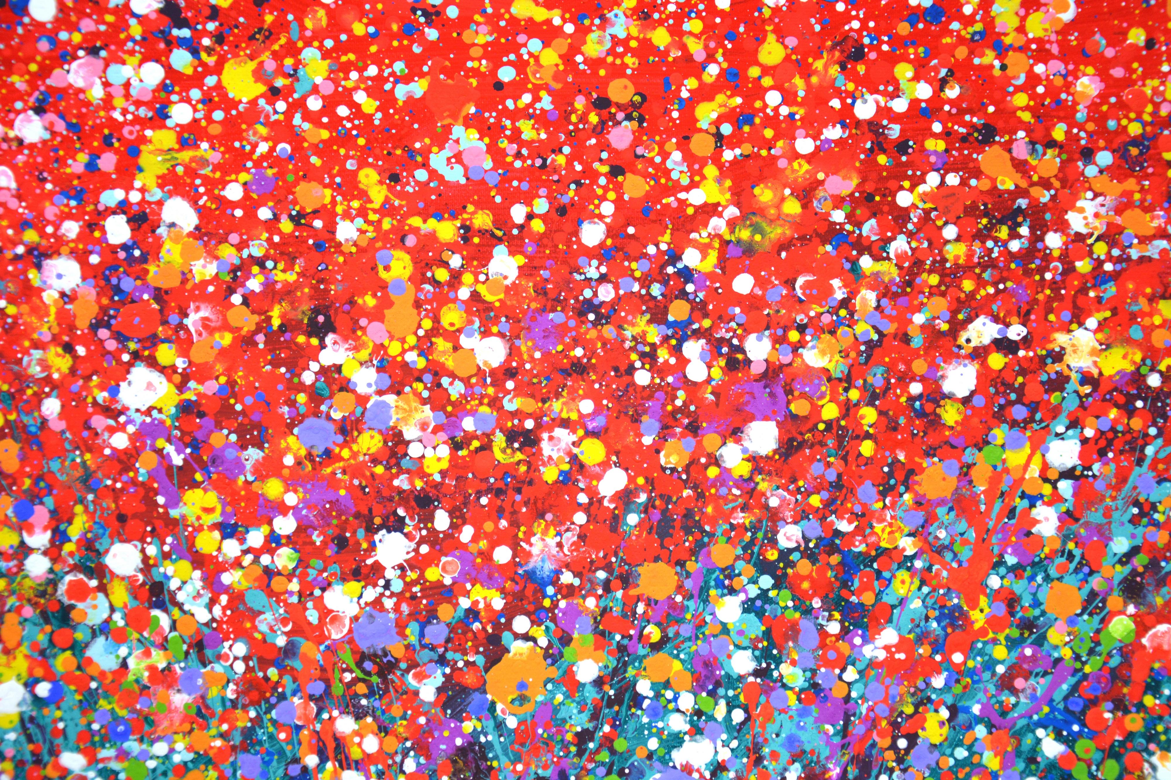 Campo di fiori 6. Pittura astratta di paesaggio Campo blu cielo rosso con fiori Arte 1