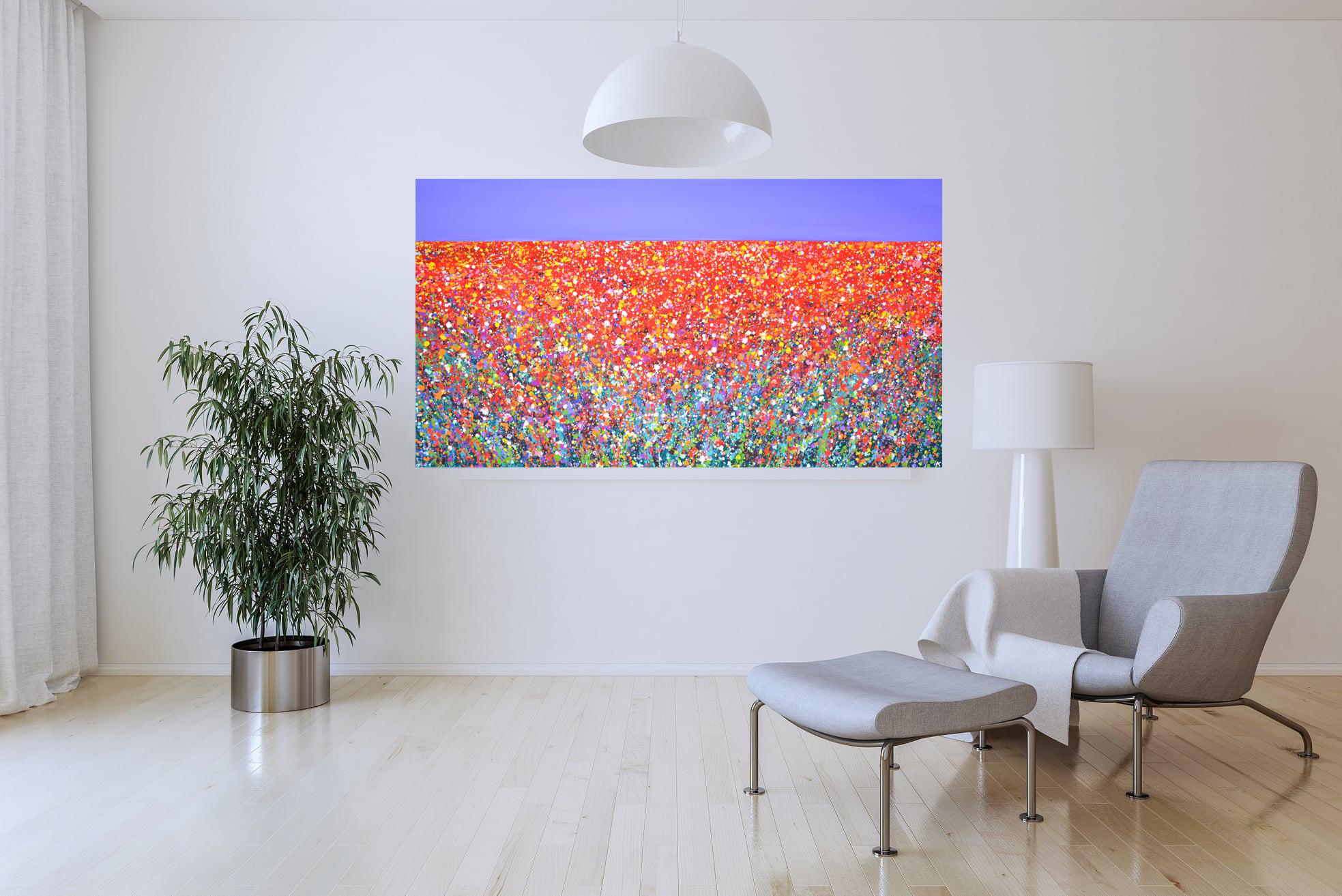 Campo di fiori 6. Pittura astratta di paesaggio Campo blu cielo rosso con fiori Arte 5