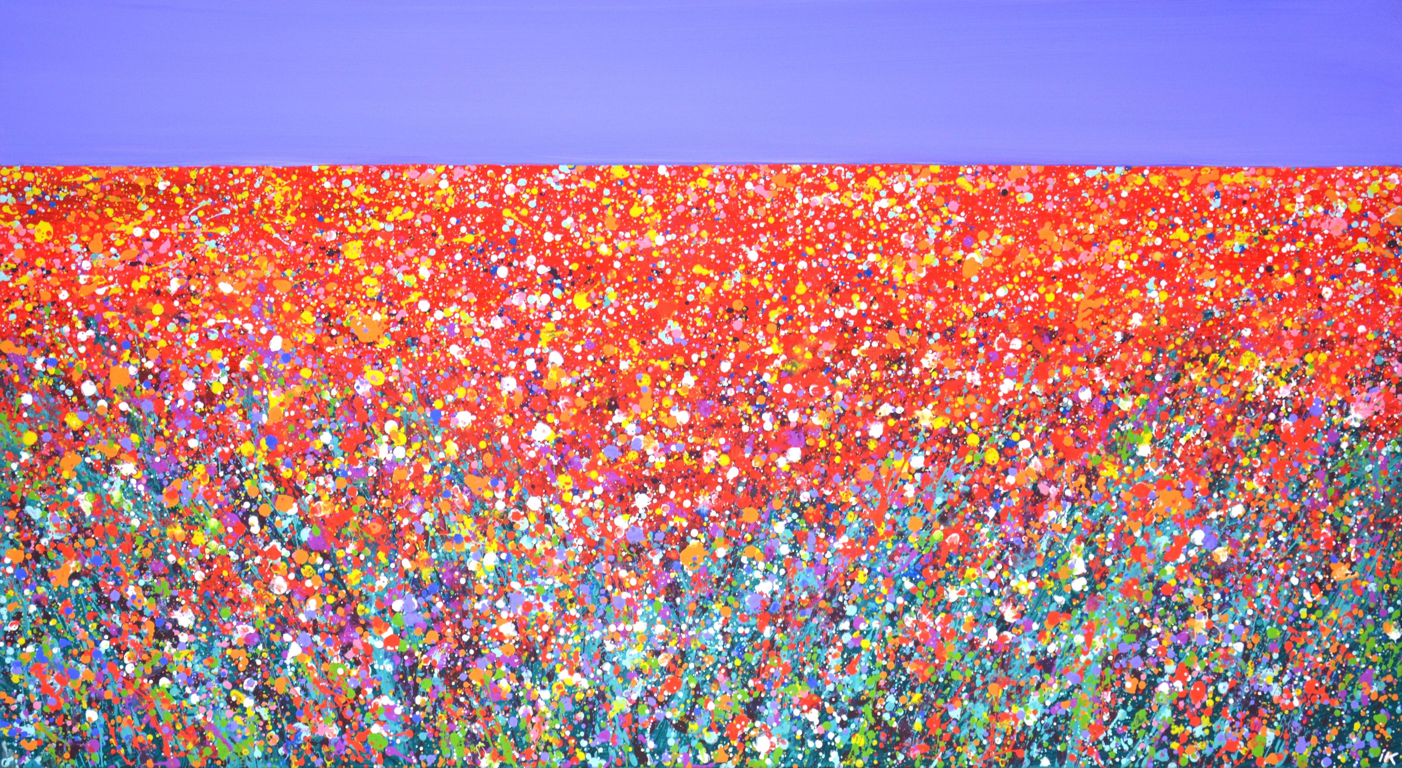 Landscape Painting di Iryna Kastsova - Campo di fiori 6. Pittura astratta di paesaggio Campo blu cielo rosso con fiori Arte