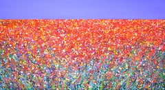 Campo di fiori 6. Pittura astratta di paesaggio Campo blu cielo rosso con fiori Arte