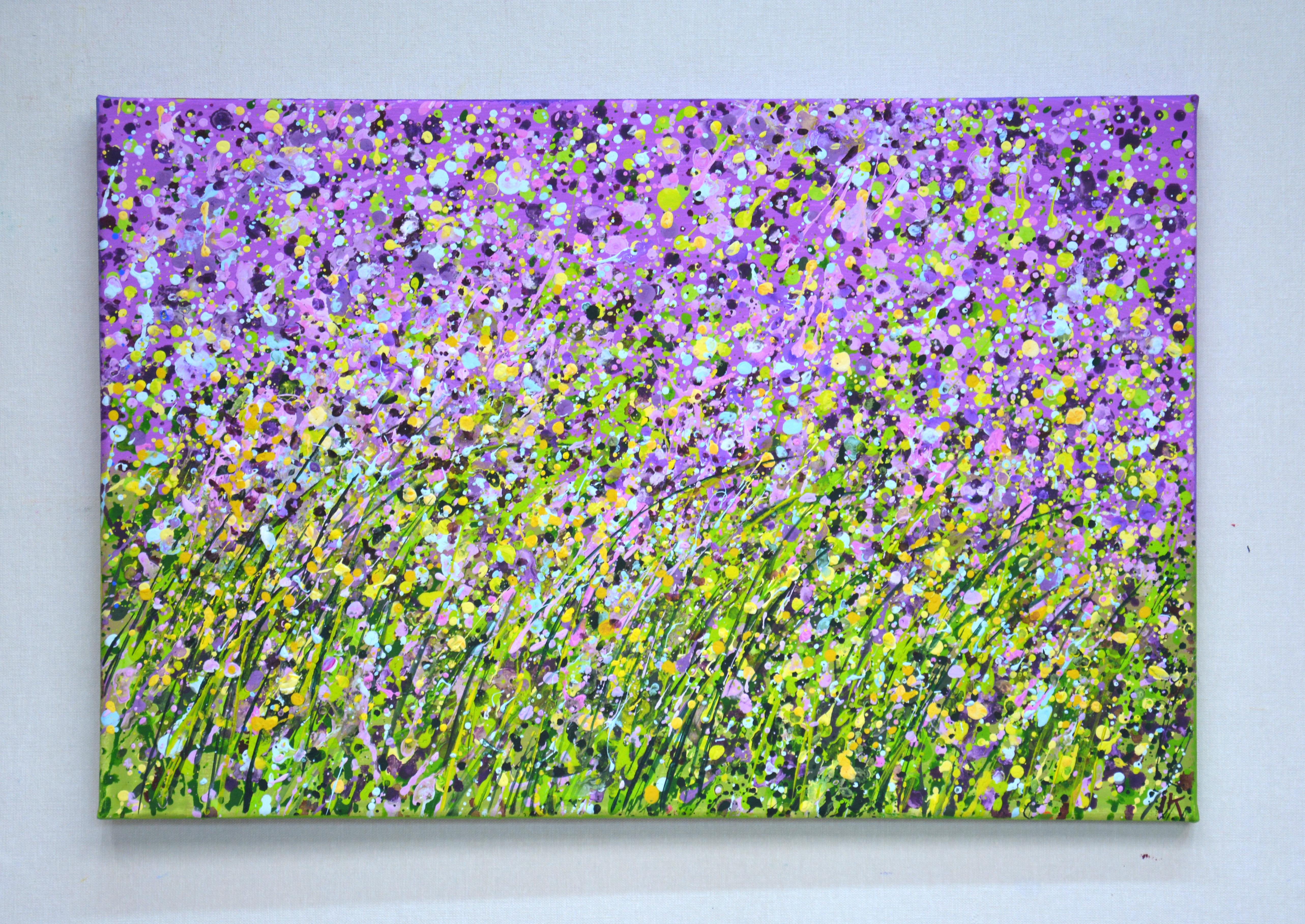 Flower field. Purple. A holiday of succulent herbs on a summer day, the whole earth is warmed by warmth, lilac, purple, yellow flowers create an atmosphere of relaxation, harmony and bliss. Expressionism. The work is done in the technique of