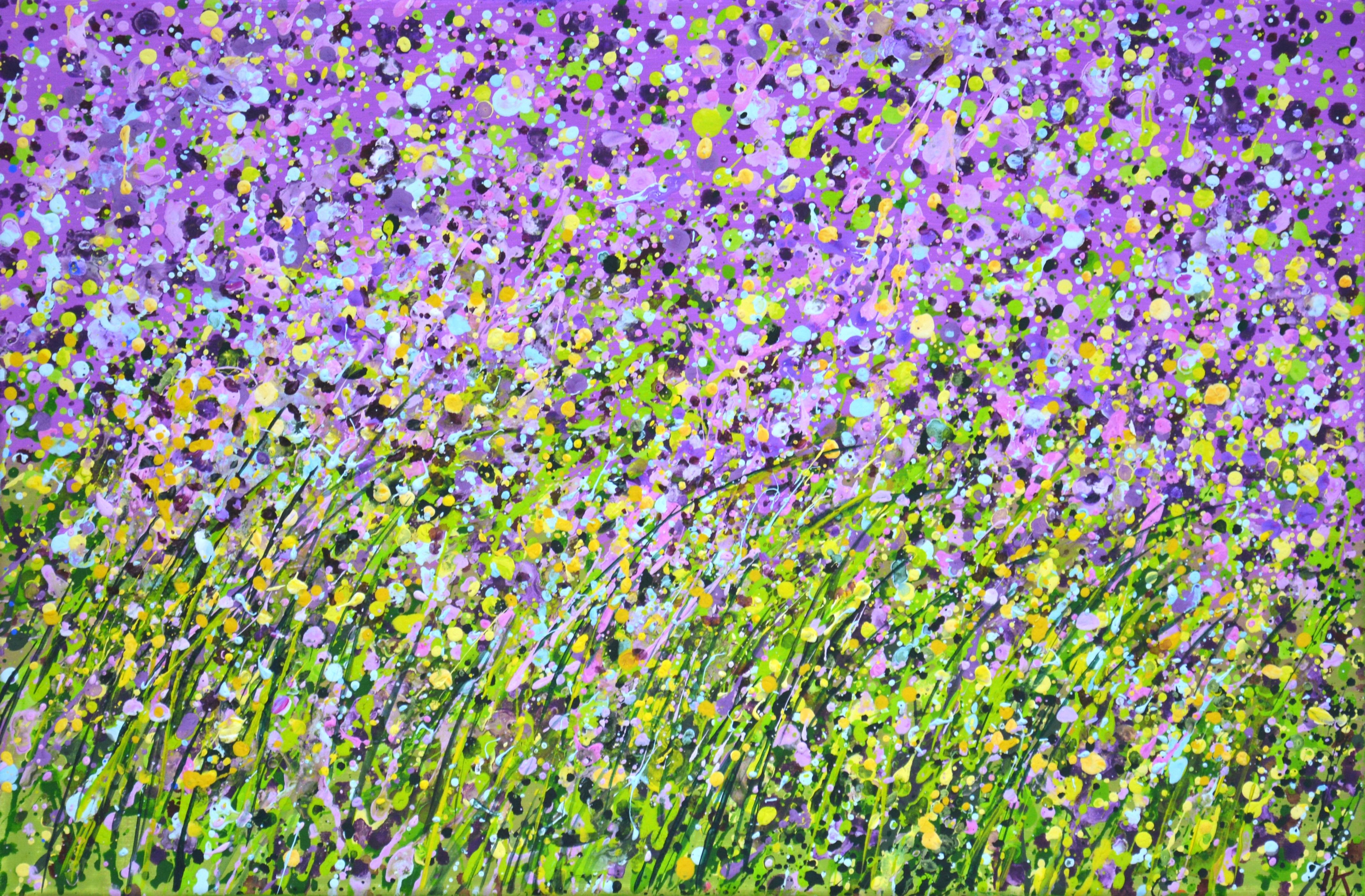 Iryna Kastsova Landscape Painting - Flower field. Purple Abstract Interior Painting