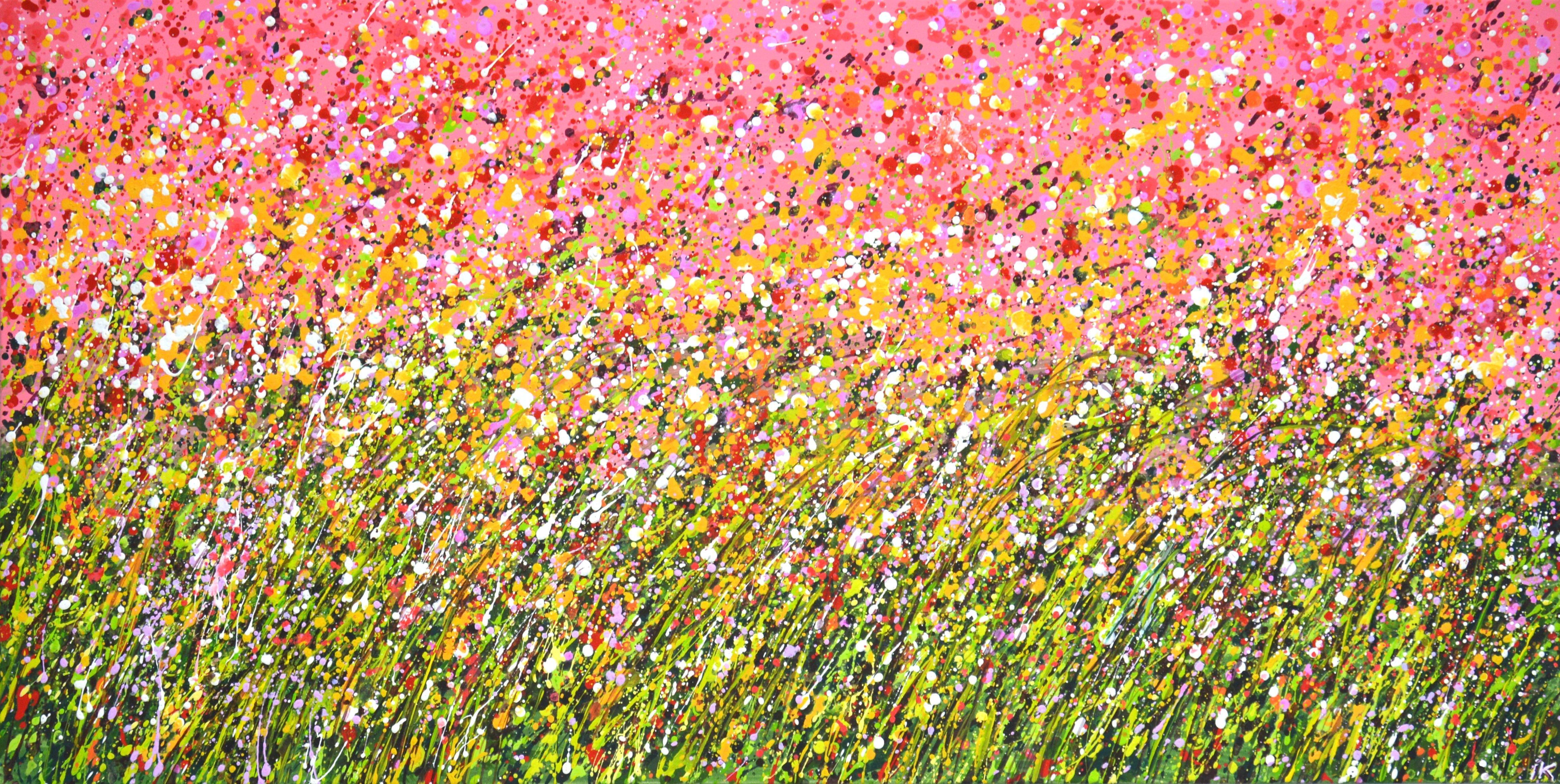 Flower field. Summer. A holiday of succulent herbs on a summer day, the whole earth is warmed with warmth, pink, red flowers create an atmosphere of relaxation, harmony and bliss. Expressionism. Nature is an inexhaustible source of inspiration. The