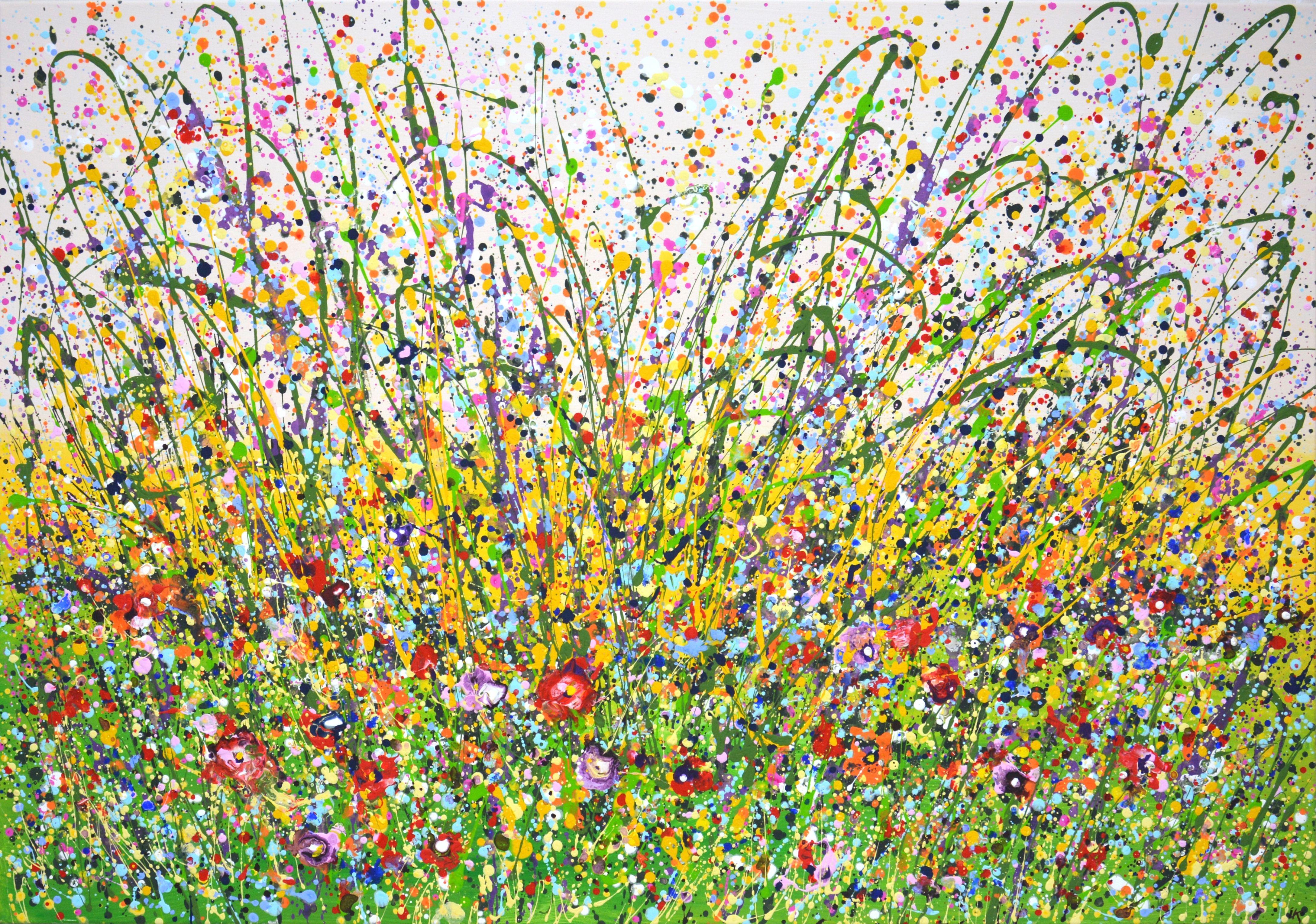 Flower field. Summer. A celebration of colorful flowers and herbs on a summer day creates an atmosphere of relaxation, harmony and bliss. Abstract expressionism. The painting is painted using the technique of dripping and splashing paint onto canvas