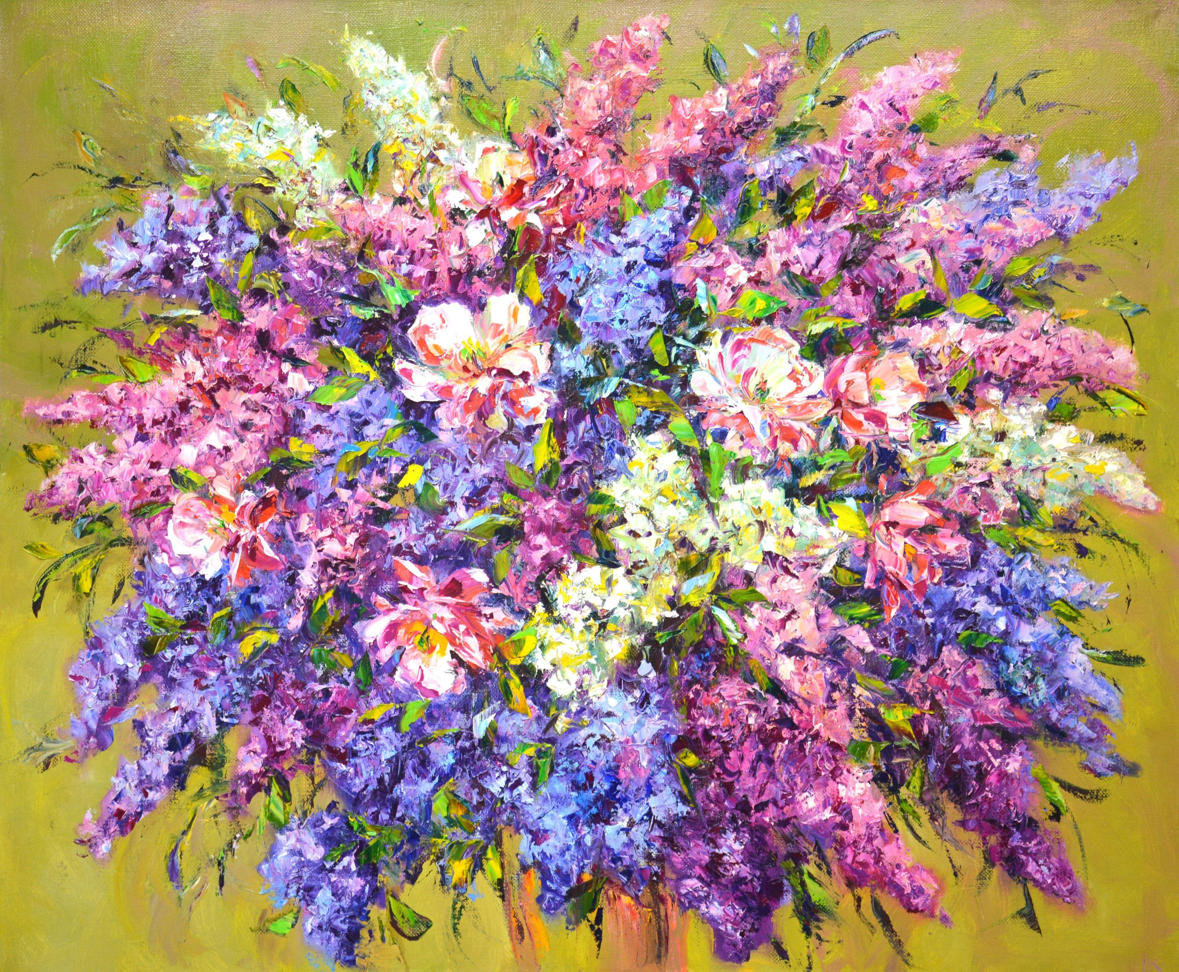 Flower mood 5. Lilac bouquet: pink, purple and white flowers on an abstract background, created with brushes and a spatula. The picture is filled with positive, solar energy. Part of a permanent series of floral arrangements. Impressionism. Used
