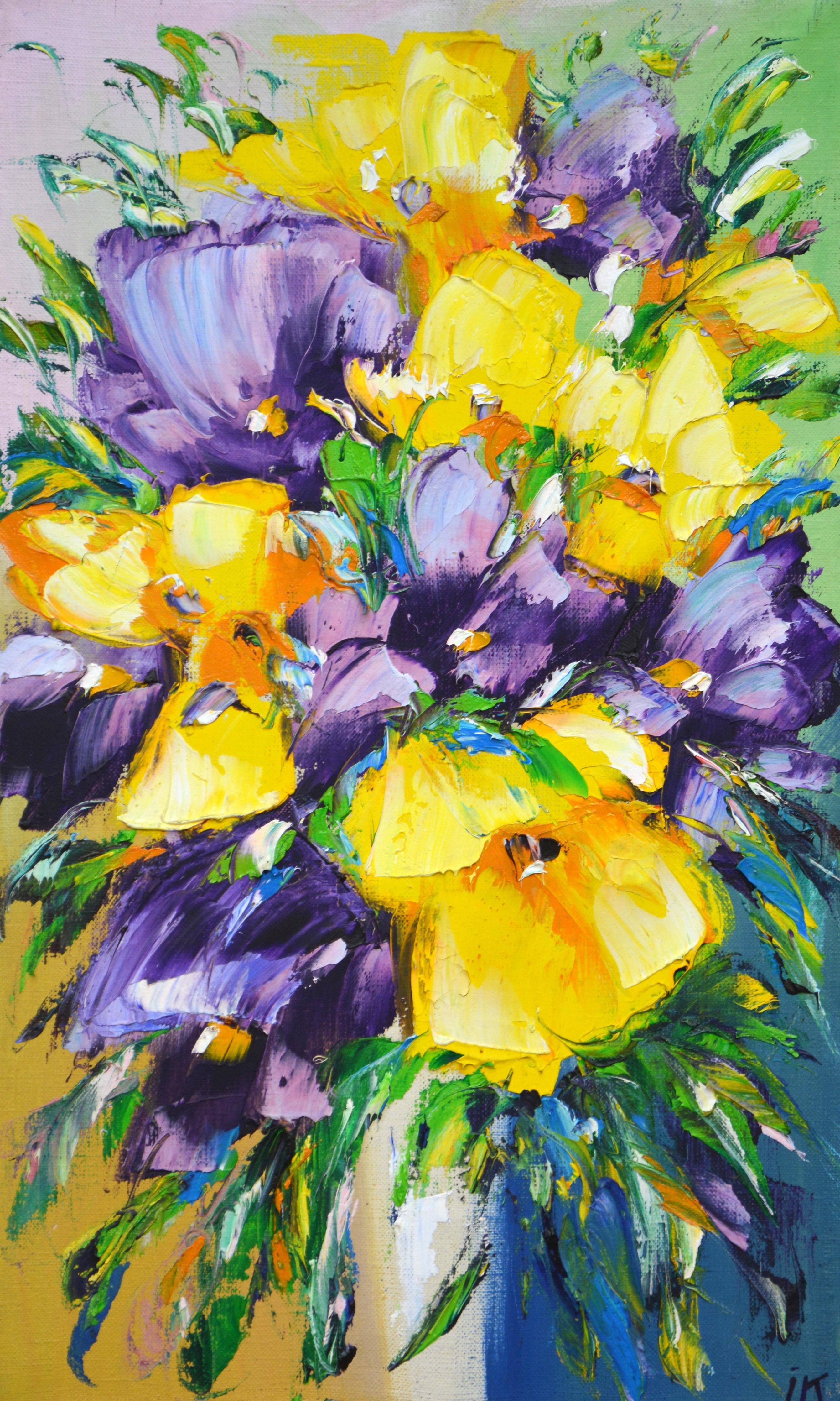 Flowers Yellow purple bouquet Impressionist painting