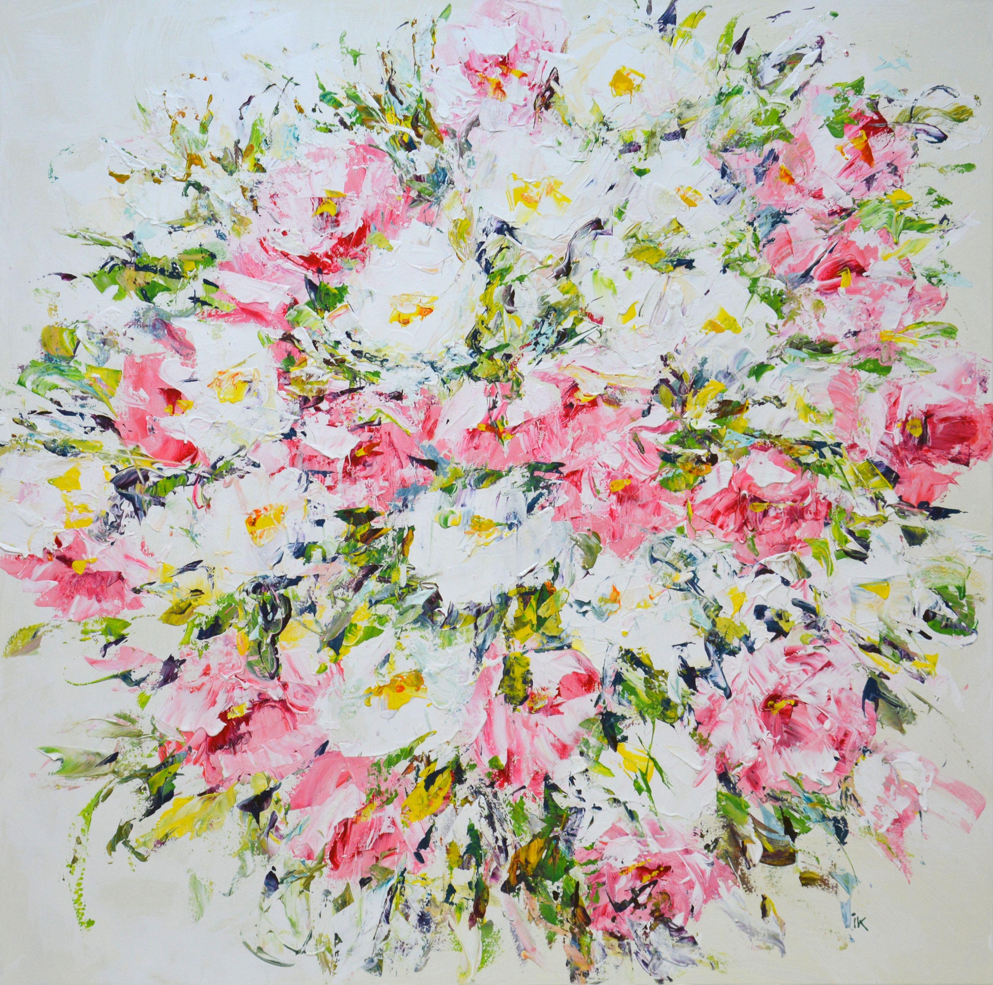 Flowers. Pink and white. Floral still life: pink and white flowers on an abstract white background, created with brushes and a spatula. The picture is filled with positive, solar energy, tenderness. Part of a permanent series of floral arrangements.