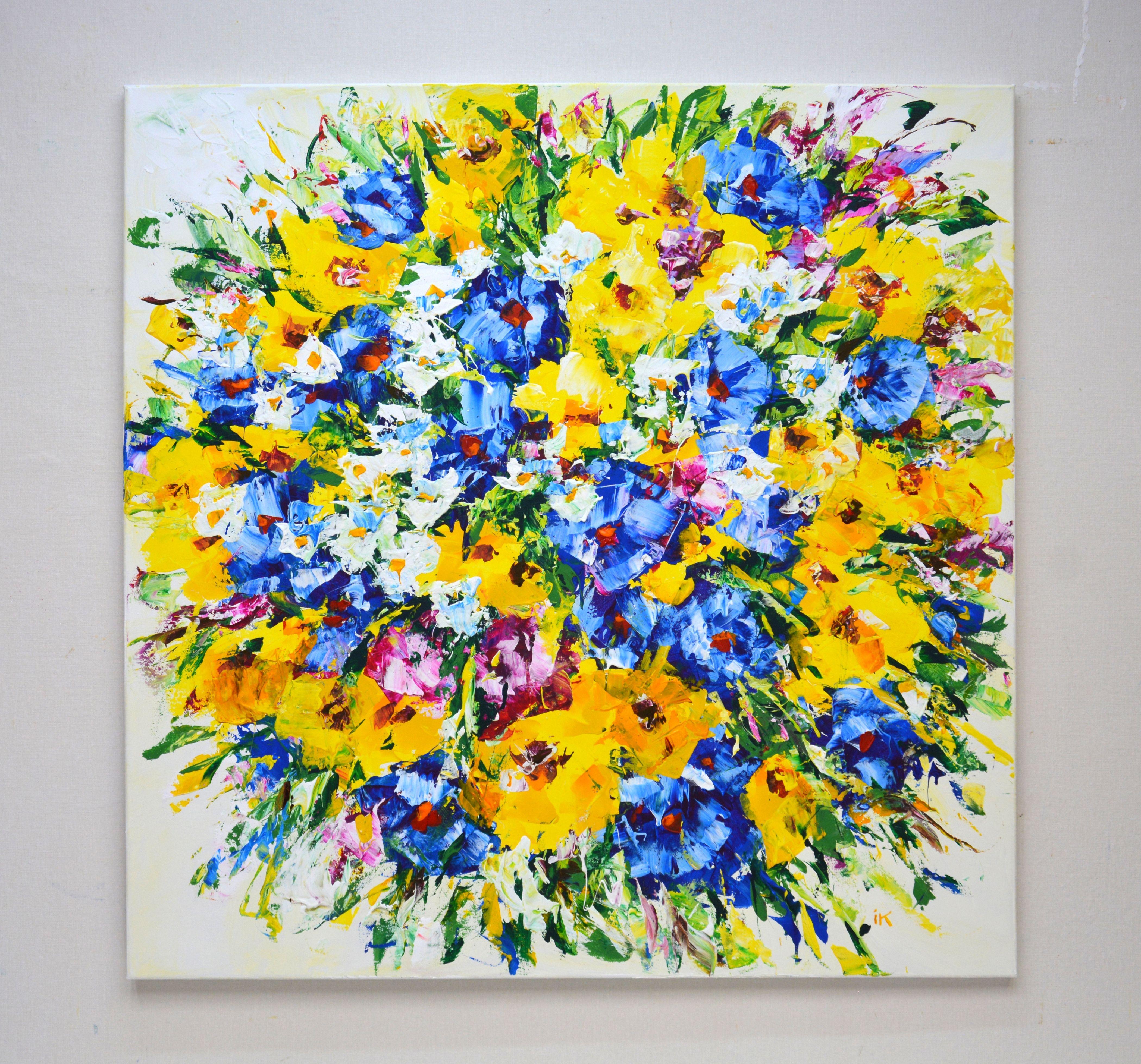 Flowers. Summer. Yellow, blue, pink and white flowers on an abstract white background, created by brushes and a spatula. The picture is filled with positive, solar energy, it can become an accent of the interior. Part of a permanent series of floral