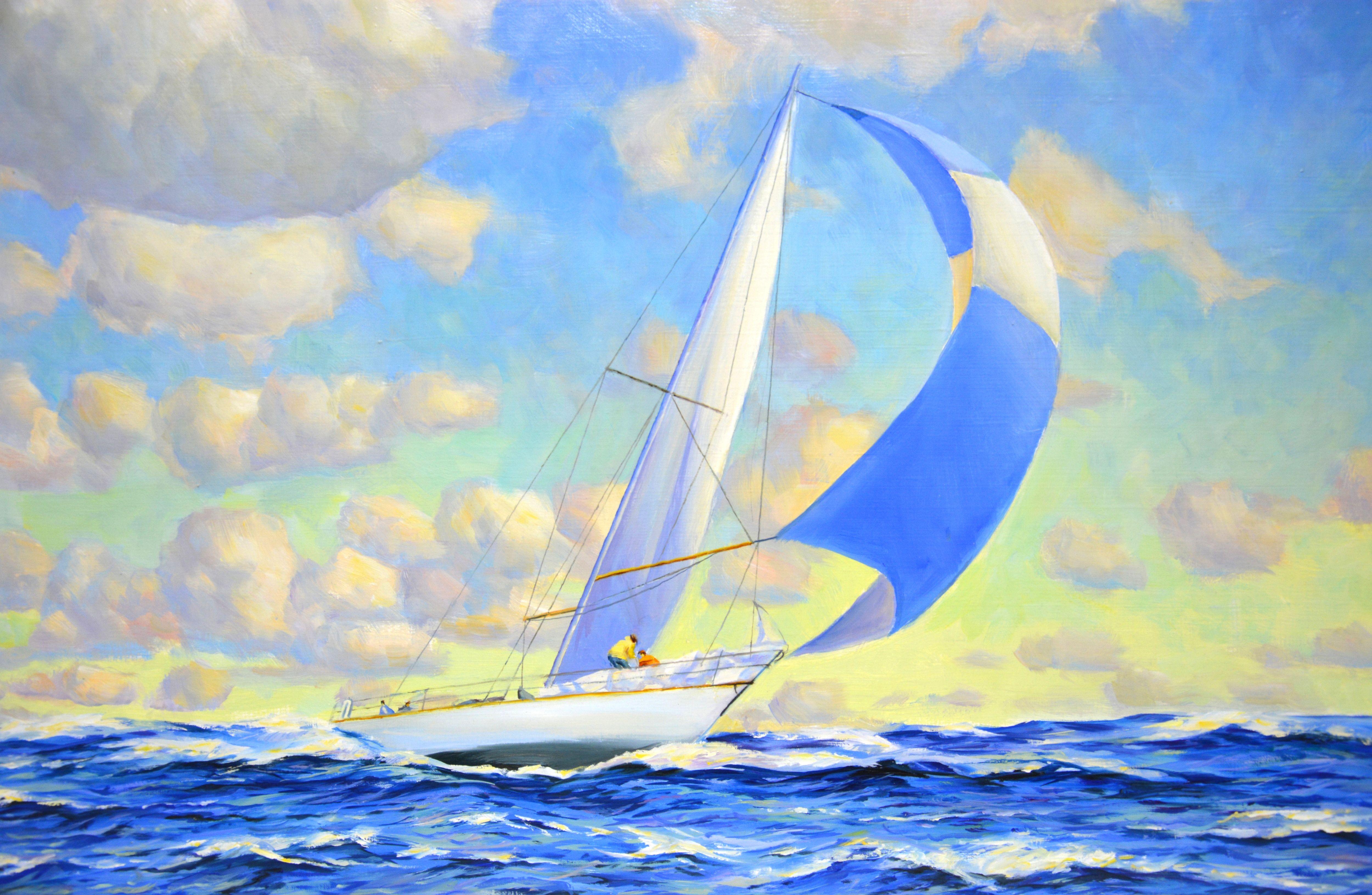 Peinture murale Vent frais. Paysage marin avec un yacht. Le voilier navigue sur les vagues de l'océan, les nuages flottent, la vue est sereine. Des matériaux de qualité sont utilisés. Peinture à l'huile sur toile de lin. Vernis. Signature de