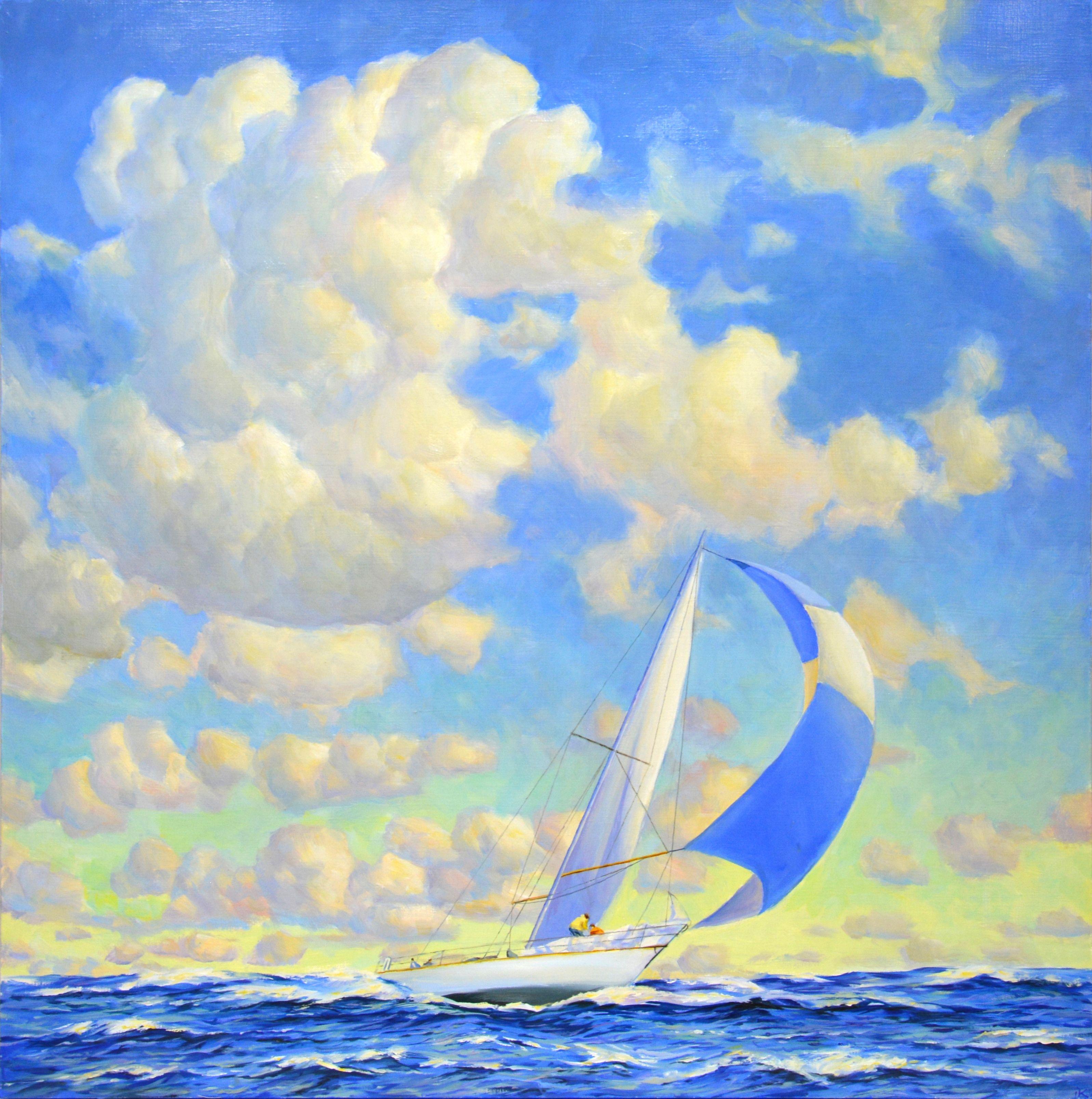 Wall mural Fresh wind. Seascape with a yacht. The sailboat cruises on the waves of the ocean, floating clouds, a serene view. Quality materials are used. Oil painting on linen canvas. Varnished. Artist's signature. Ready to hang. Certificate of