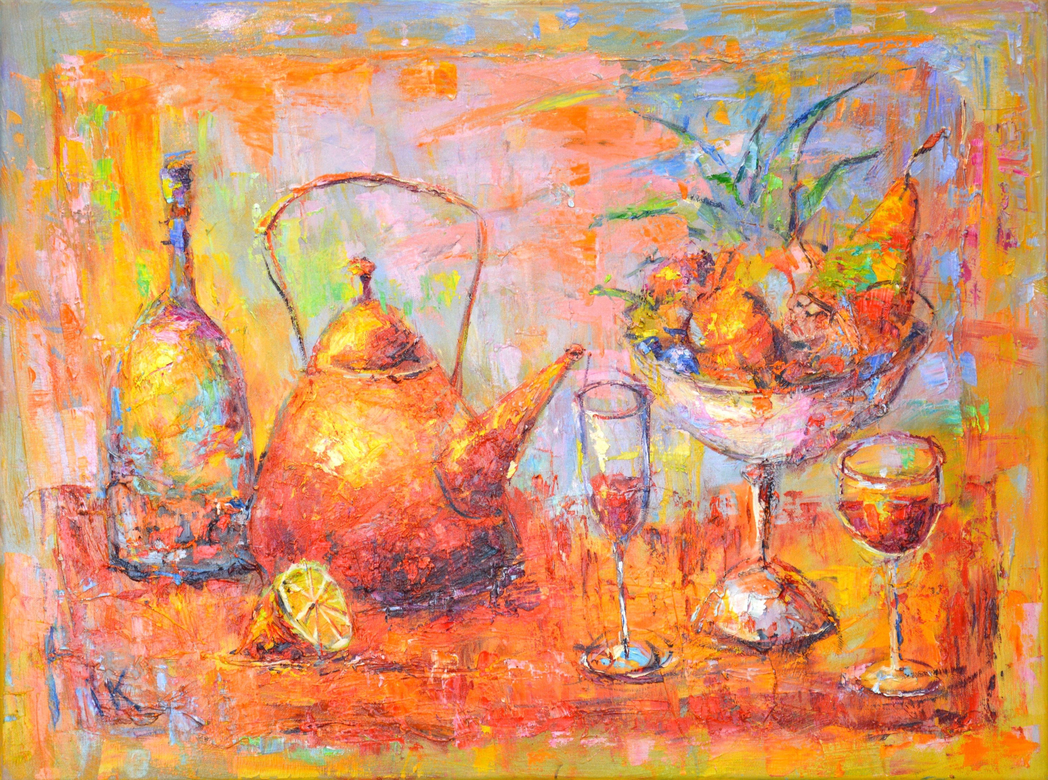Fruit still life. Teapot, bottle of wine, glasses, fruits in a vase on a bright abstract background. The painting was painted expressively with a spatula. Modern. Expressionism.  Part of an ongoing series of vibrant decorative still lifes. The