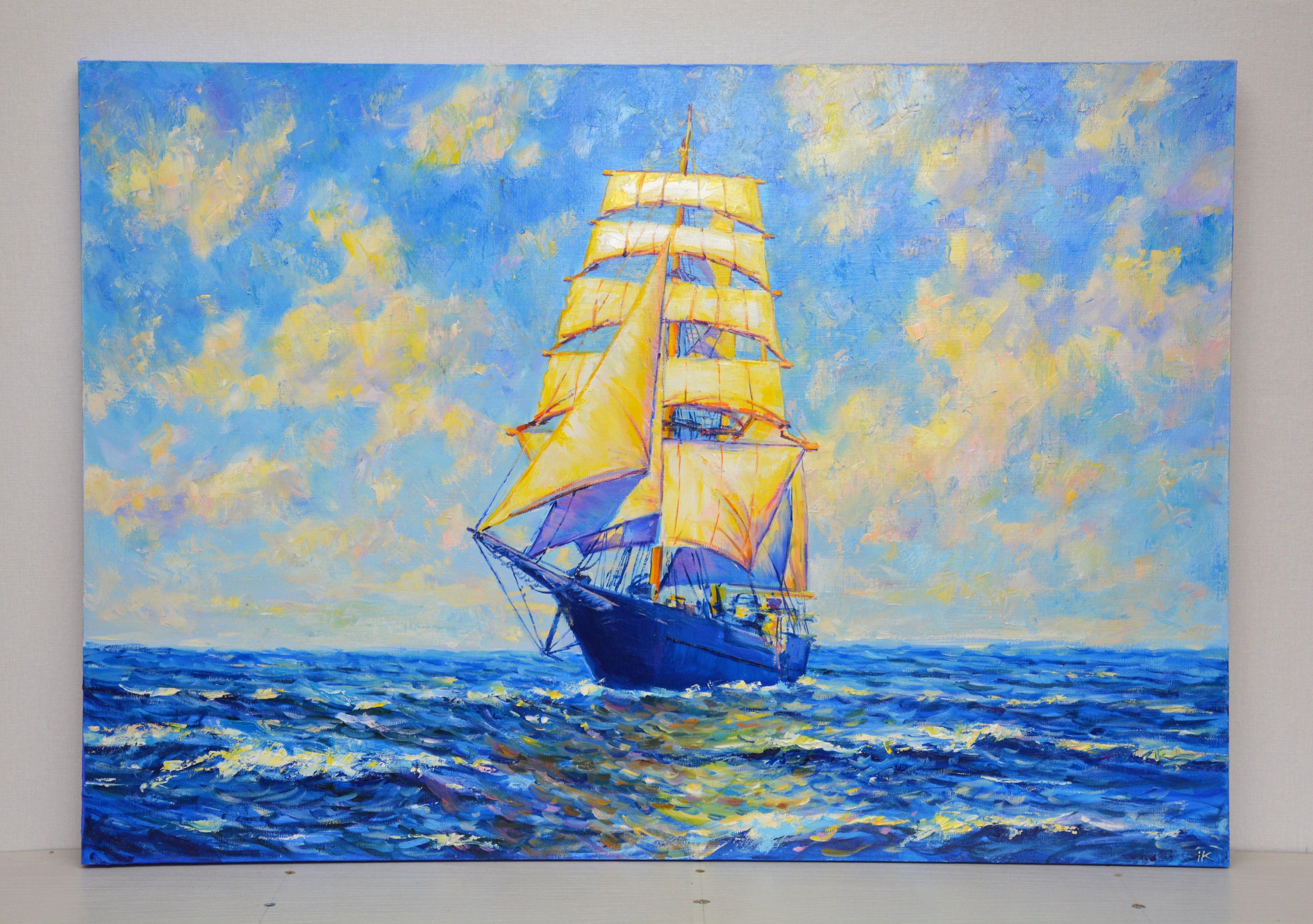 Painting In full sail. Sea, seascape, ocean, waves, blue, turquoise, vacation, romance, impressionism, realism, water, painting, sea foam, sea wave, beach, sun glare, ship, sea voyage, ship, yacht. Oil painting on linen canvas. The sides are painted