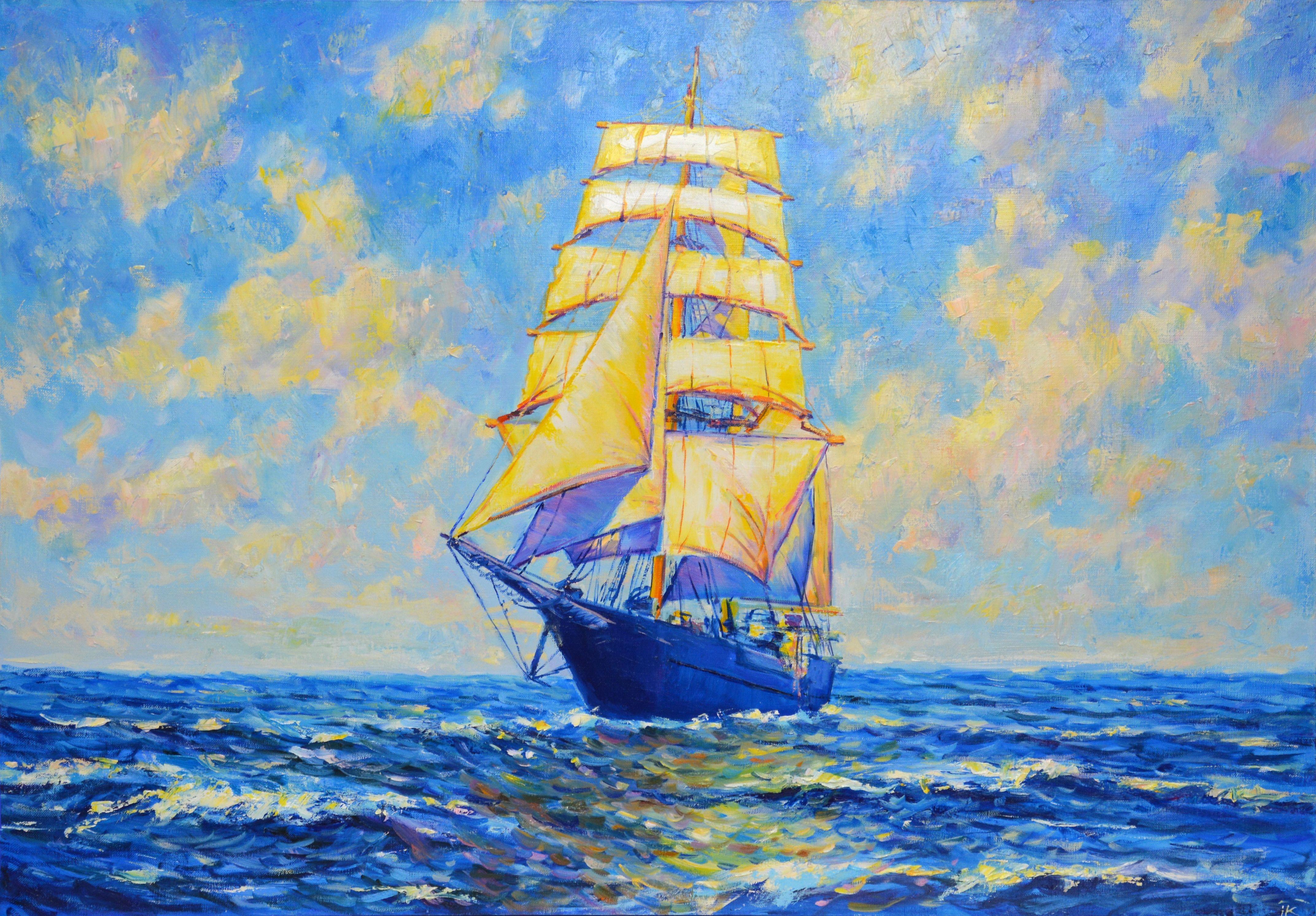 Painting In full sail. Sea, seascape, ocean, waves, blue, turquoise, vacation, romance, impressionism, realism, water, painting, sea foam, sea wave, beach, sun glare, ship, sea voyage, ship, yacht. Oil painting on linen canvas. The sides are painted
